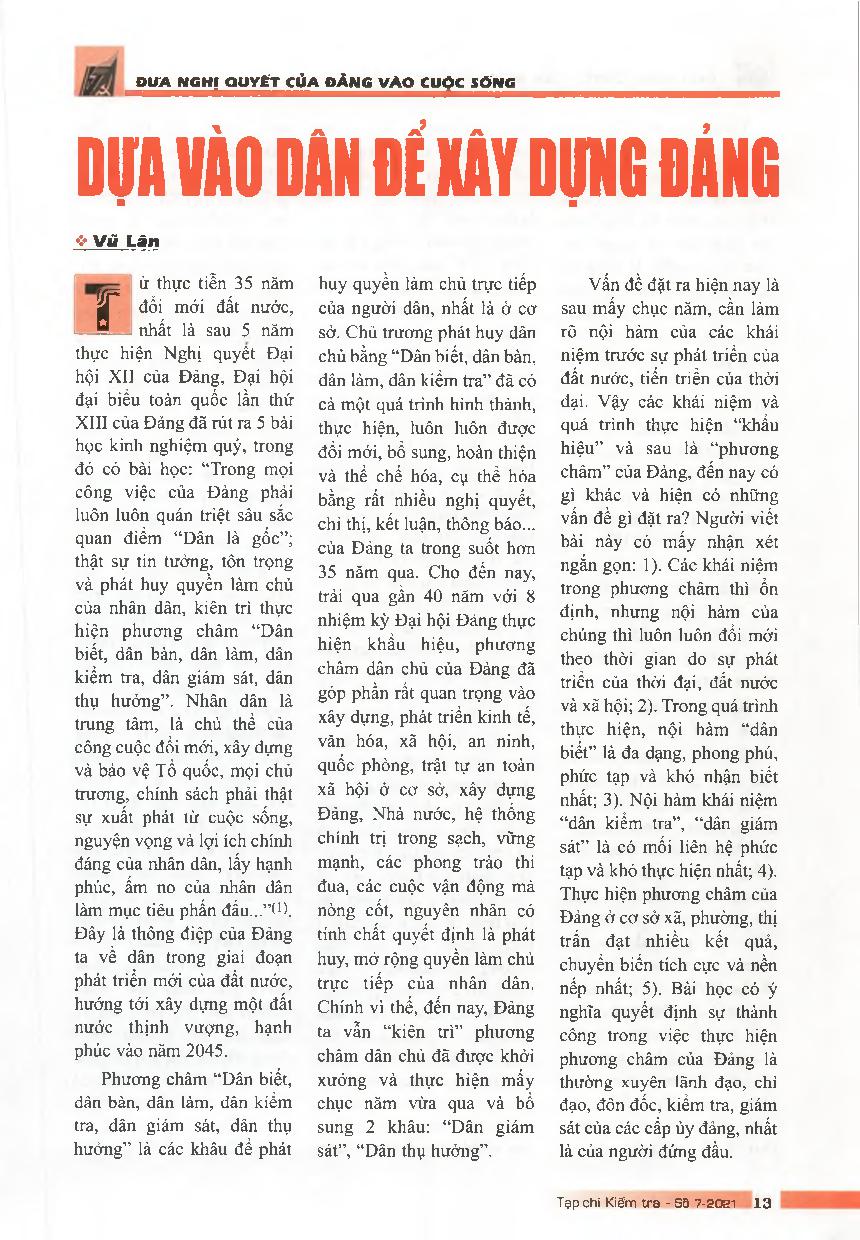 Dựa vào Dân để xây dựng Đảng