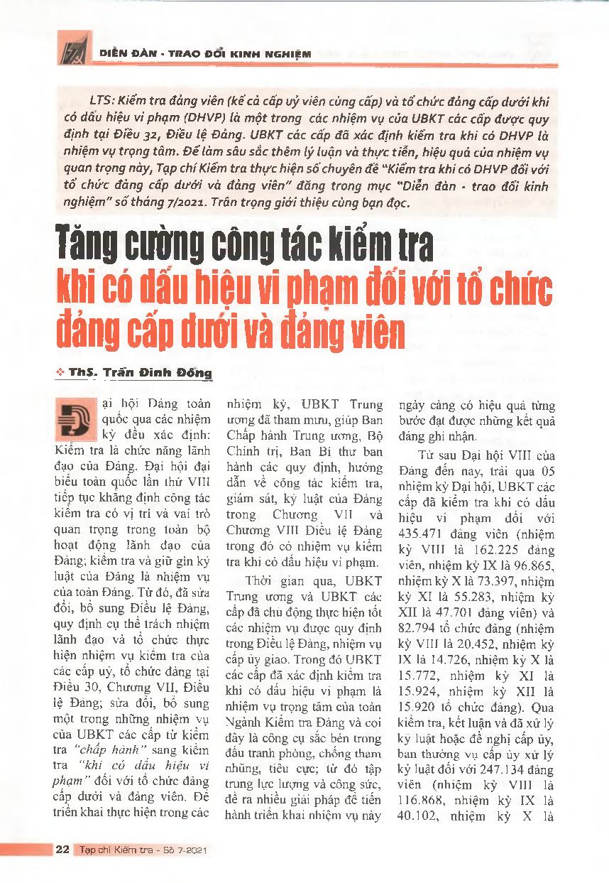 Tăng cường công tác kiểm tra khi có dấu hiệu vi phạm đối với tổ chức đảng cấp dưới và đảng viên