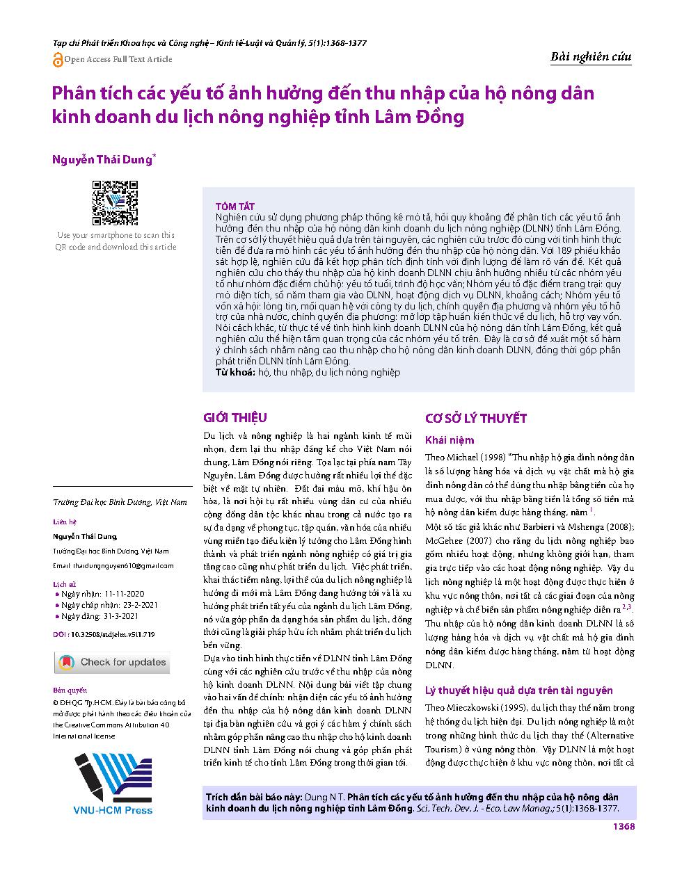 Phân tích các yếu tố ảnh hưởng đến thu nhập của hộ nông dân kinh doanh du lịch nông nghiệp tỉnh Lâm Đồng