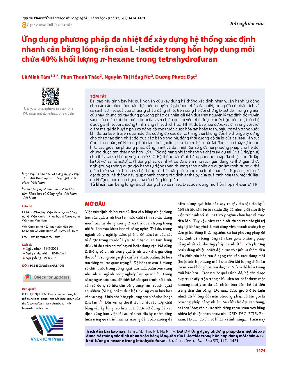 Ứng dụng phương pháp đa nhiệt để xây dựng hệ thống xác định nhanh cân bằng lỏng-rắn của L -lactide trong hỗn hợp dung môi chứa 40% khối lượng n-hexane trong tetrahydrofuran