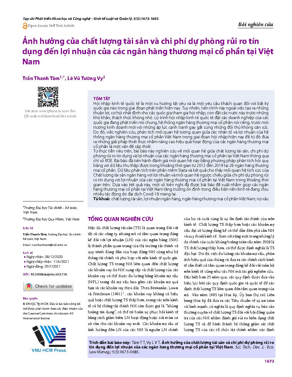 Ảnh hưởng của chất lượng tài sản và chi phí dự phòng rủi ro tín dụng đến lợi nhuận của các ngân hàng thương mại cổ phần tại Việt Nam