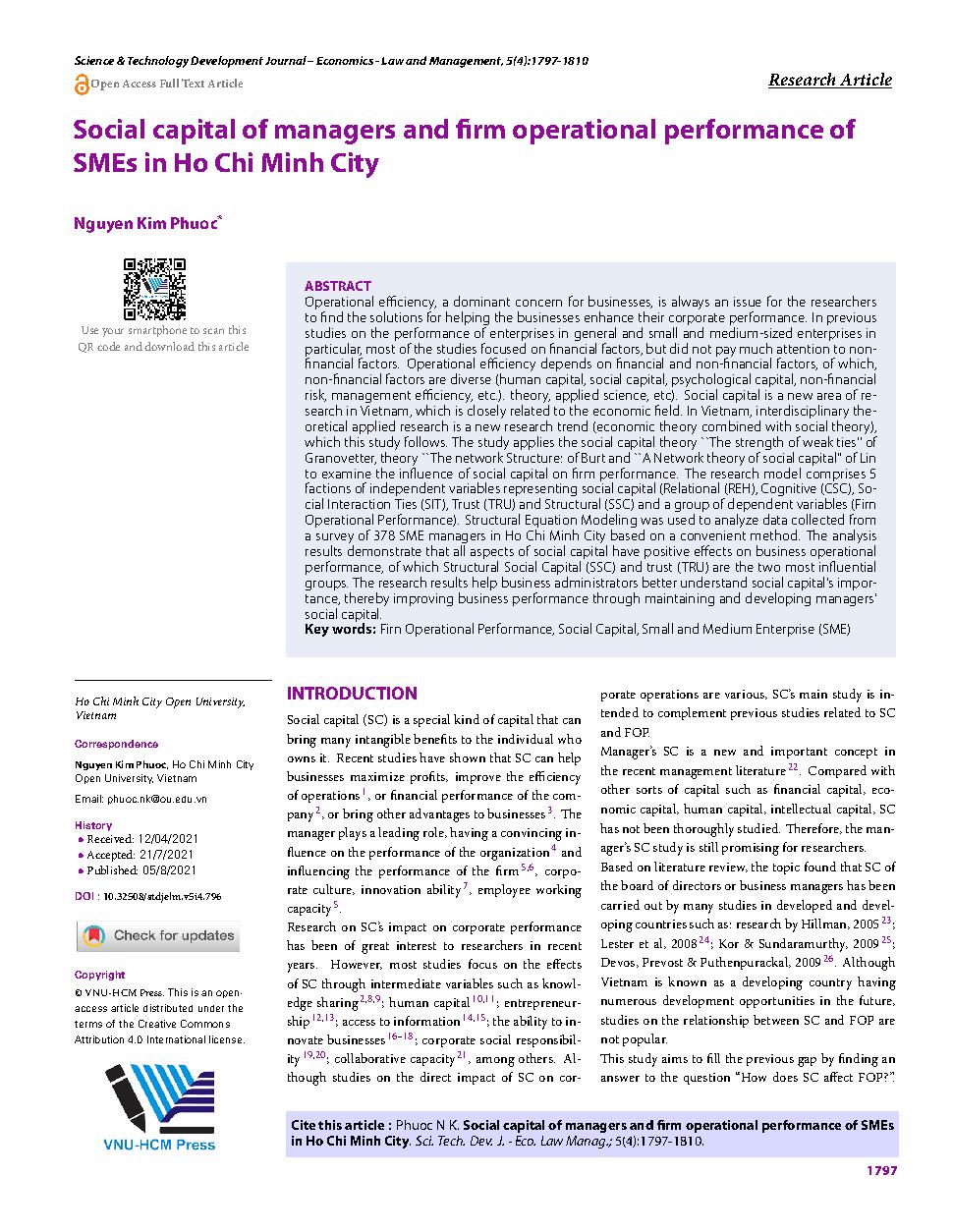 Vốn xã hội của nhà quản lý và hiệu quả hoạt động của doanh nghiệp vừa và nhỏ tại Thành phố Hồ Chí Minh