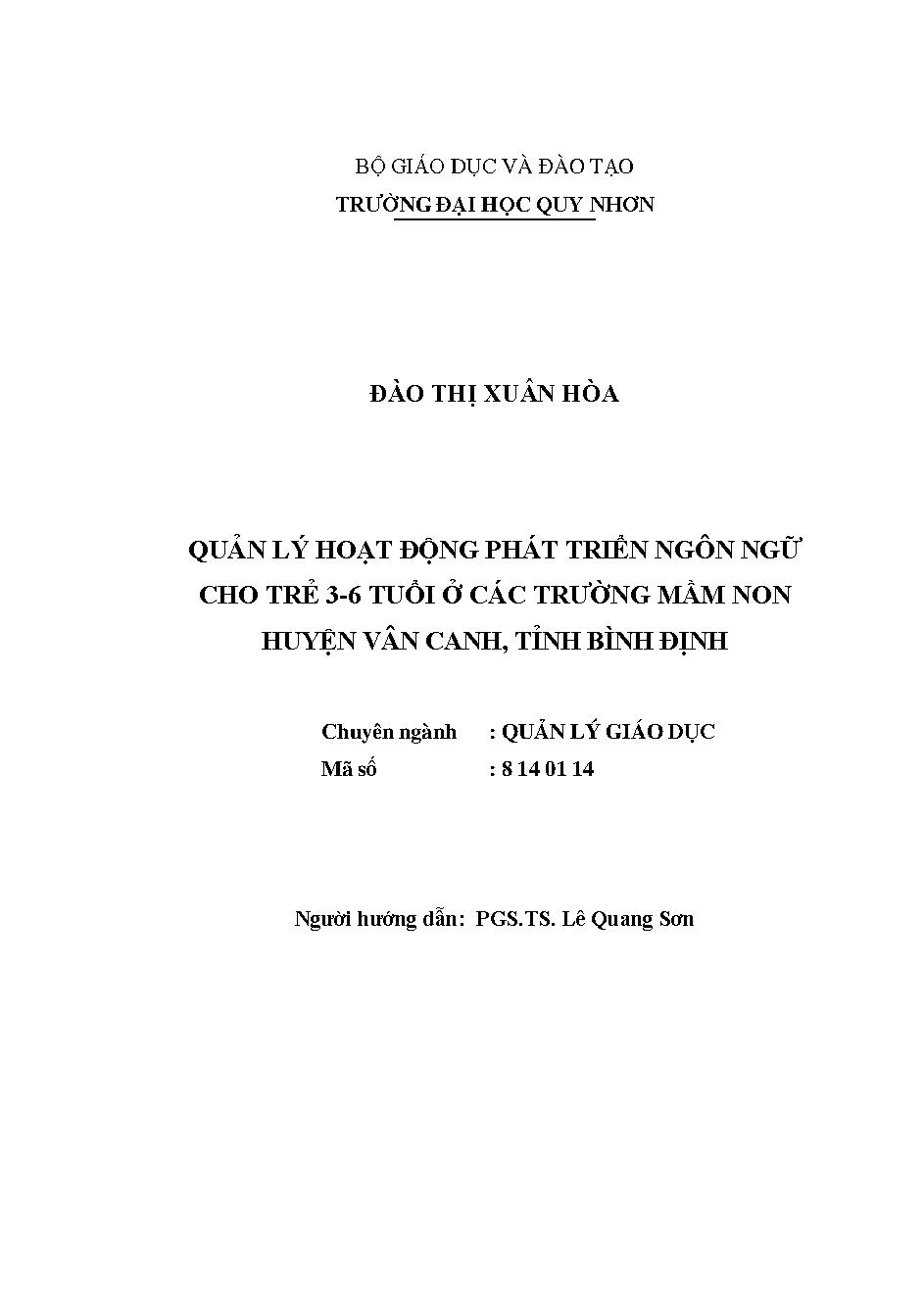 Quản lý hoạt động phát triển ngôn ngữ cho trẻ 3-6 tuổi ở các trường mầm non huyện Vân Canh, tỉnh Bình Định