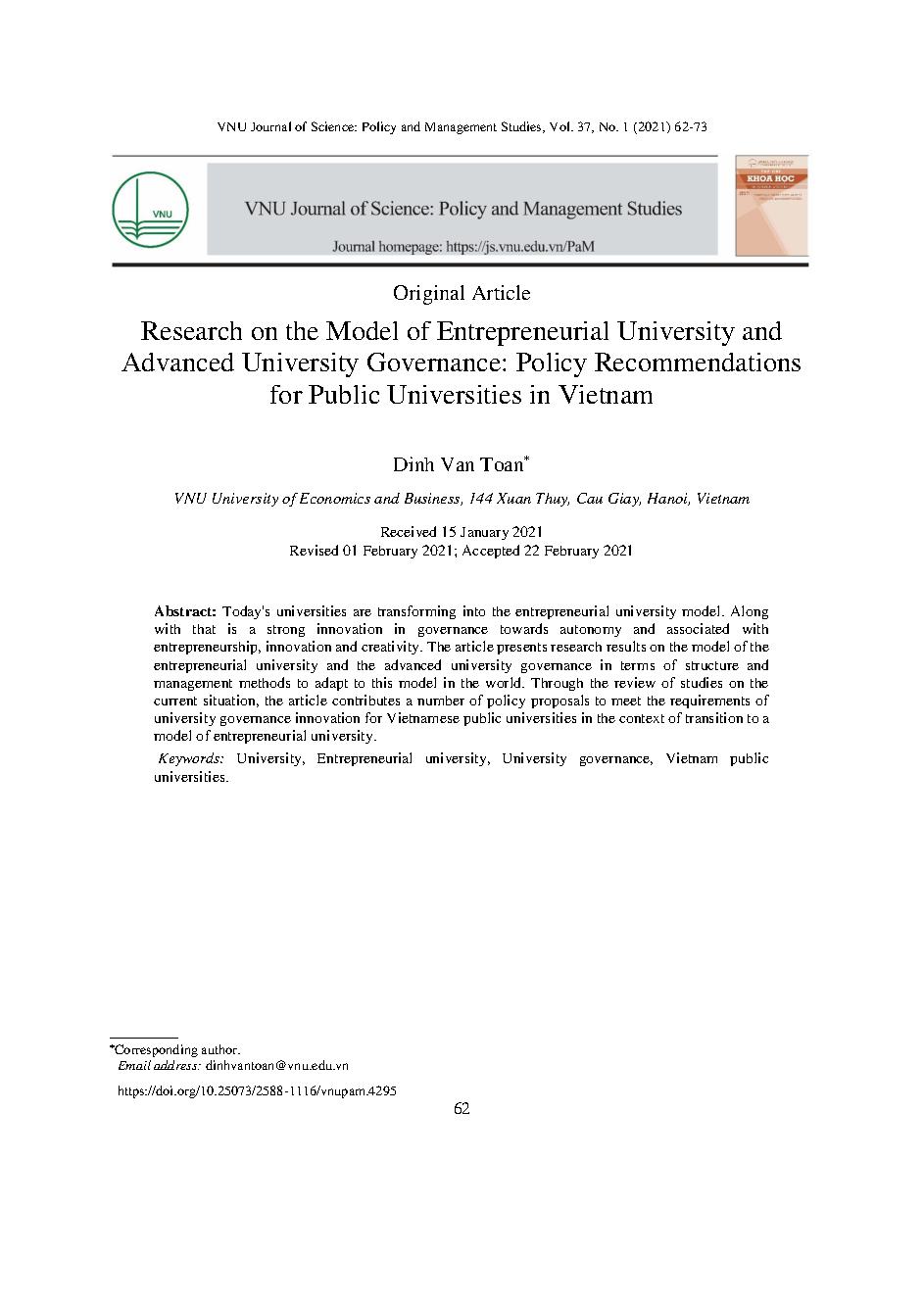 Nghiên cứu mô hình trường đại học khởi nghiệp và quản trị đại học tiên tiến: những gợi ý chính sách cho các trường đại học công lập ở Việt Nam