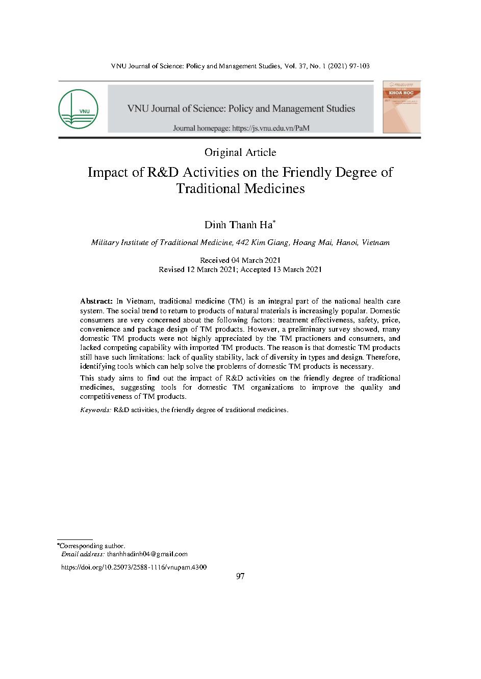 Tác động của hoạt động R&D tới độ thân thiện của thuốc y học cổ truyền
