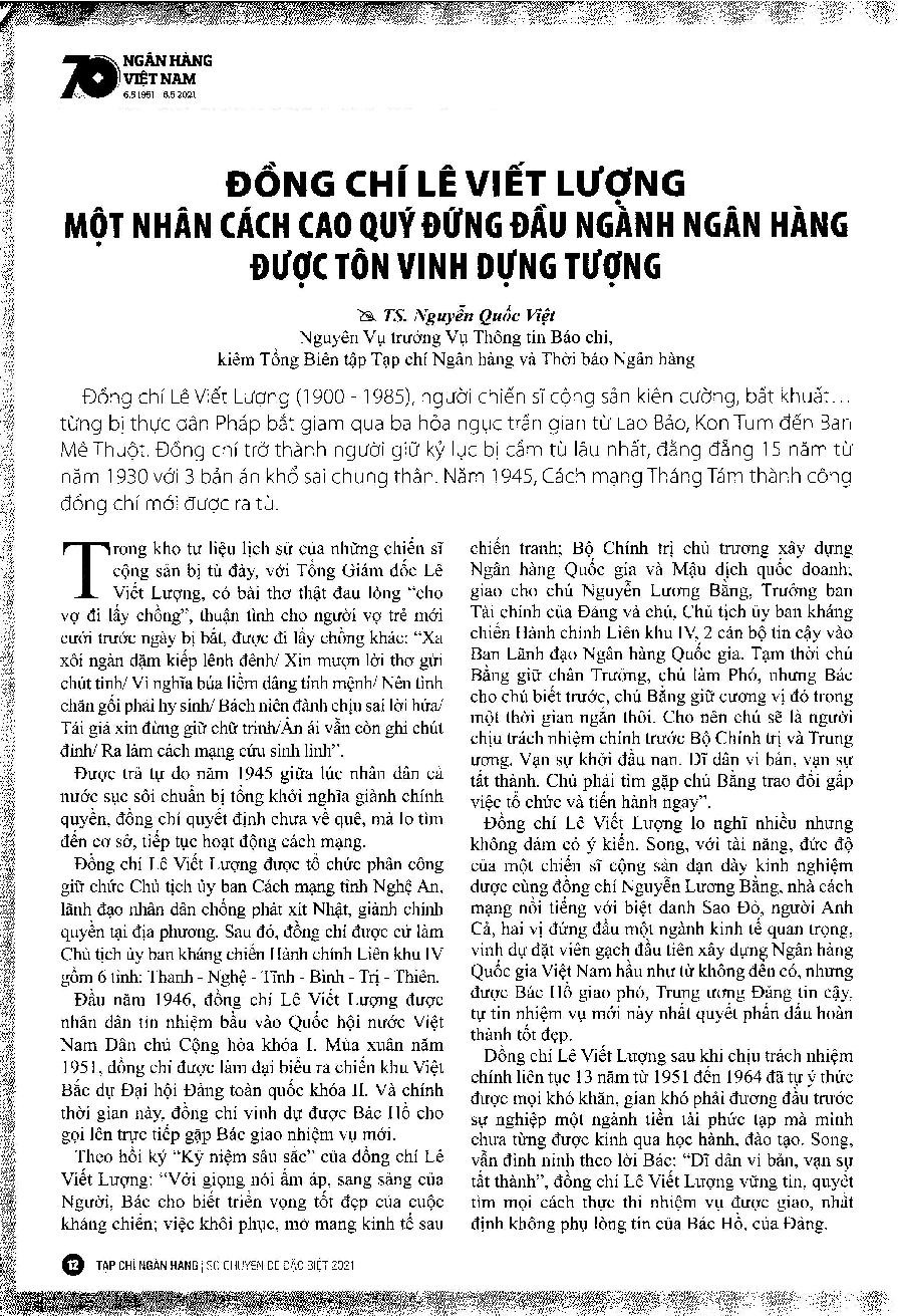 Đồng chí Lê Viết Lượng - Một nhân cách cao quý đứng đầu ngành Ngân hàng được tôn vinh dựng tượng