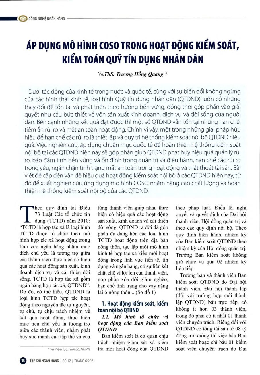 Áp dụng mô hình COSO trong hoạt động kiểm soát, kiểm toán quỹ tín dụng nhân dân