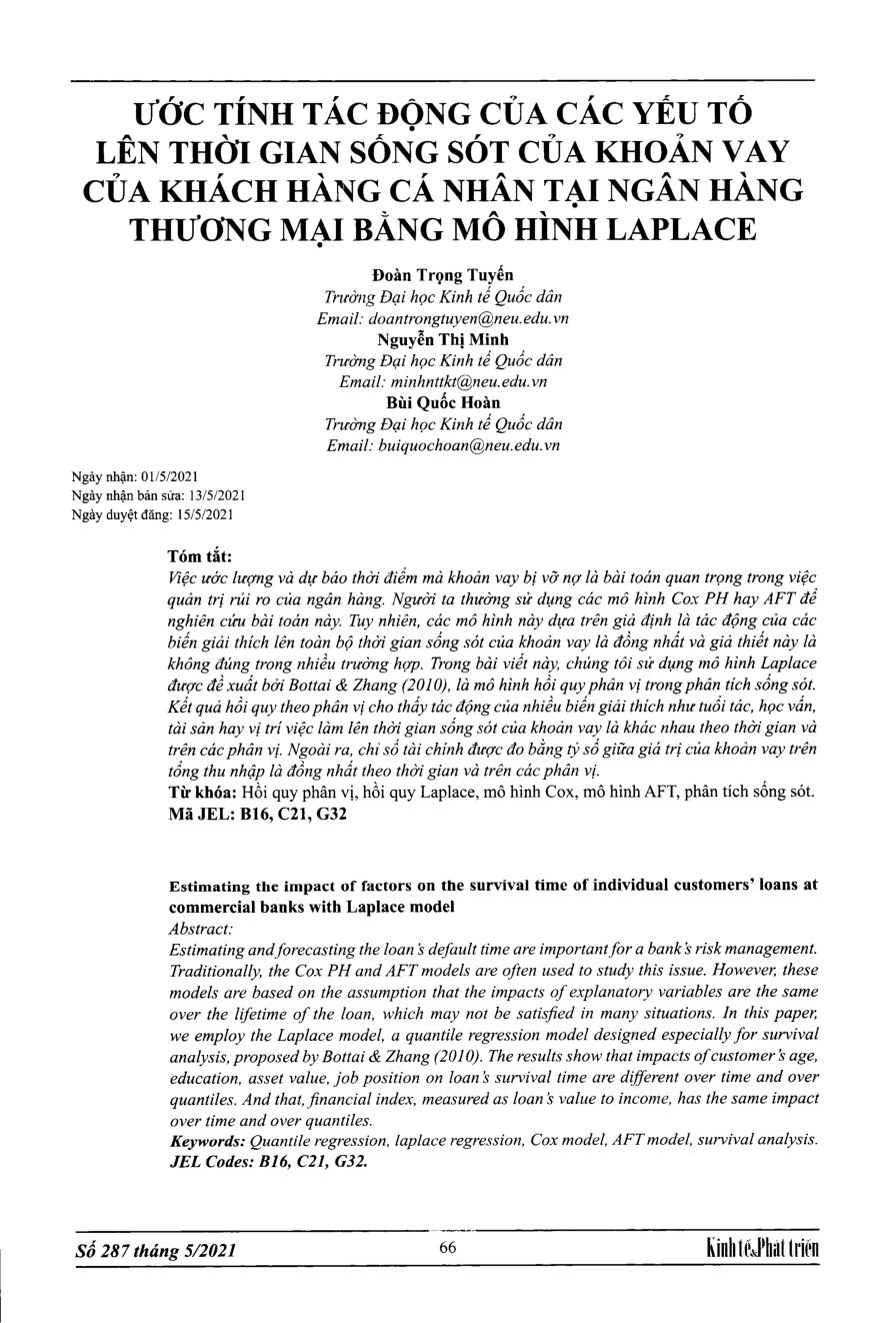 Ước tính tác động của các yếu tố lên thời gian sống sót của khoản vay của khách hàng cá nhân tại ngân hàng thương mại bằng mô hình LAPLACE
