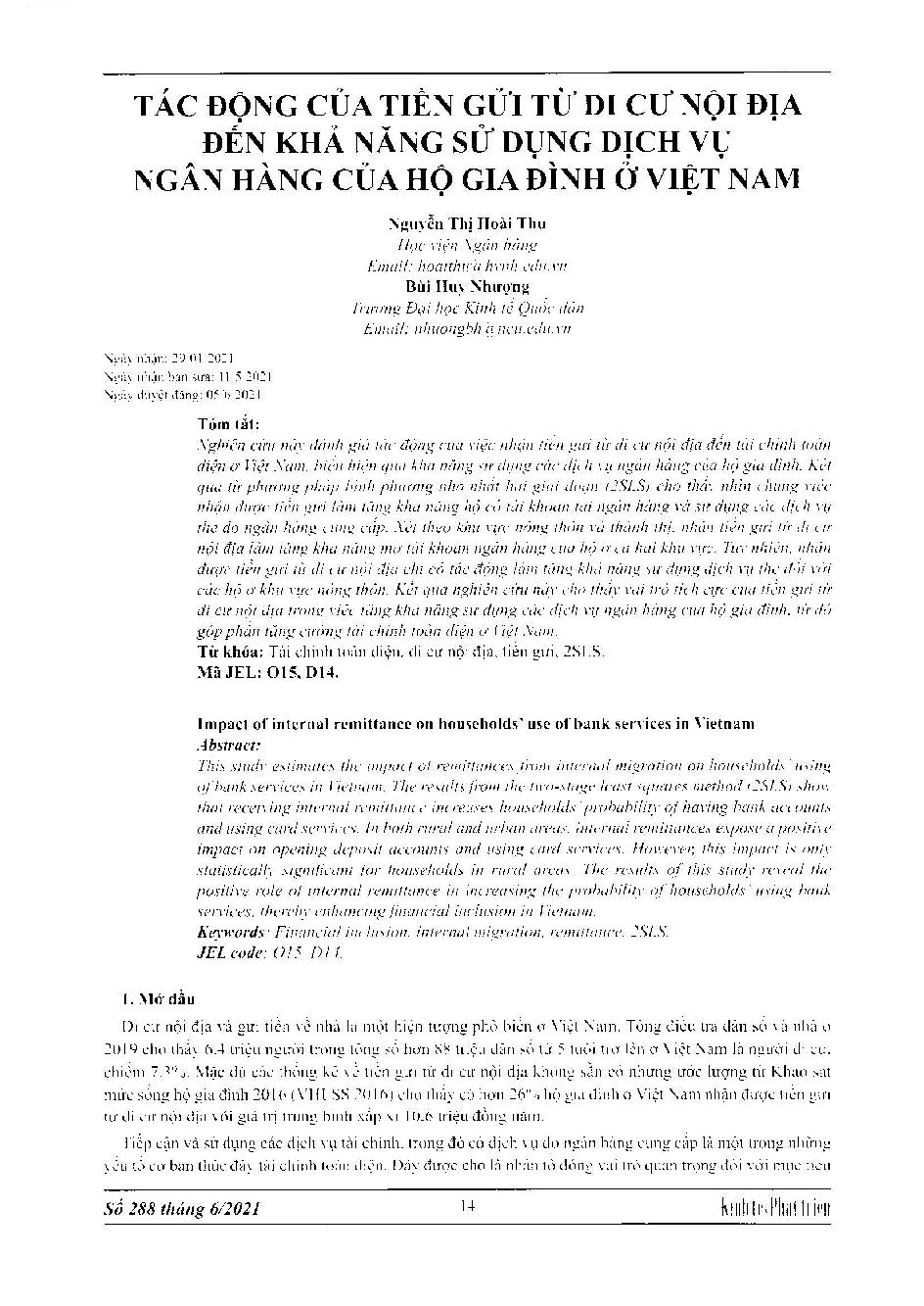 Tác động của tiền gửi từ di cư nội địa đến khả năng sử dụng dịch vụ ngân hàng của hộ gia đình ở Việt Nam