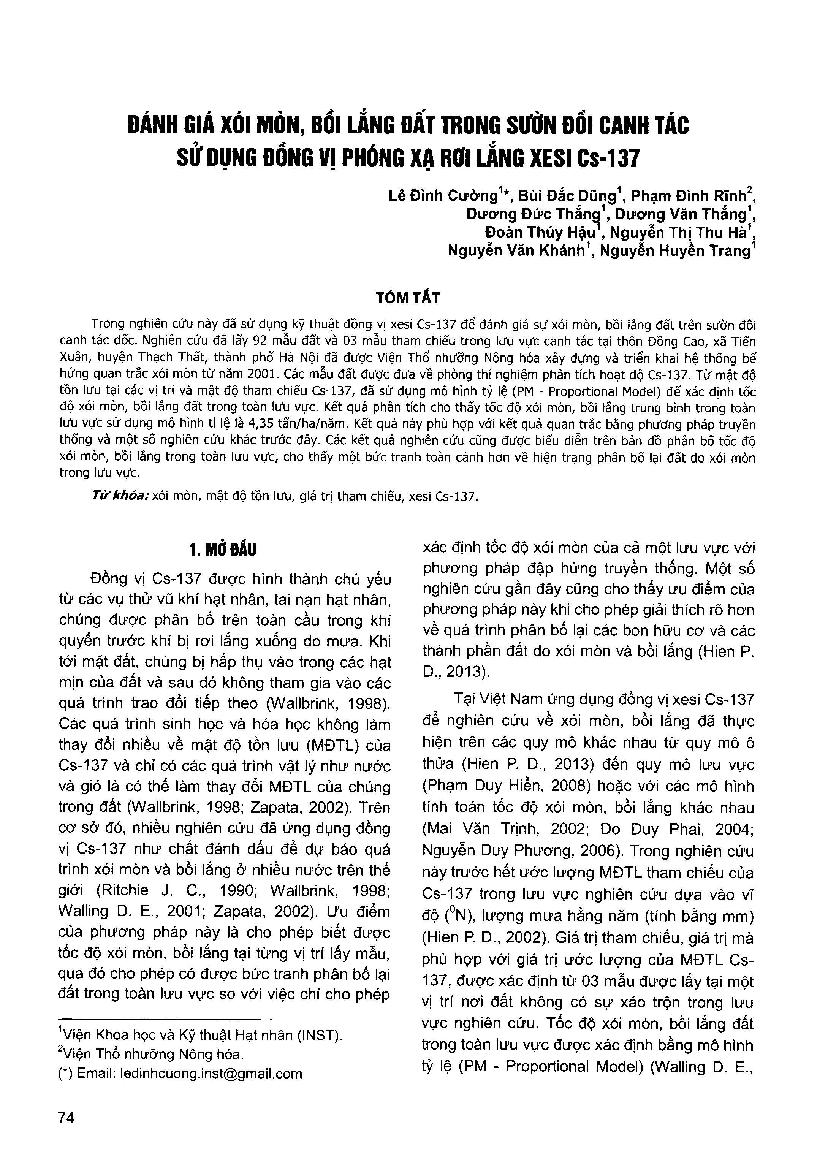 Đánh giá xói mòn, bồi lắng đất trong sườn đồi canh tác sử dụng đồng vị phóng xạ rơi lắng xesi Cs-137