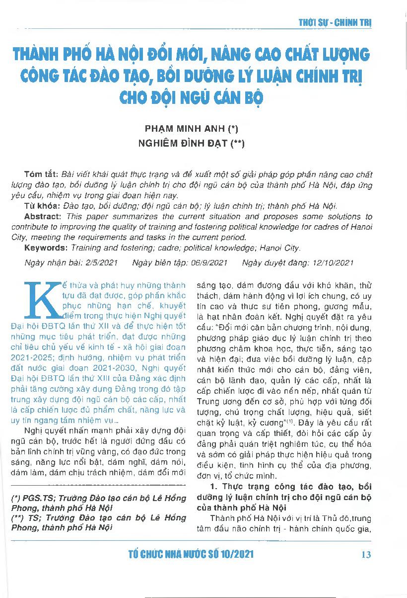 Thành phố Hà Nội đổi mới, nâng cao chất lượng công tác đào tạo, bồi dưỡng lý luận chính trị cho đội ngũ cán bộ
