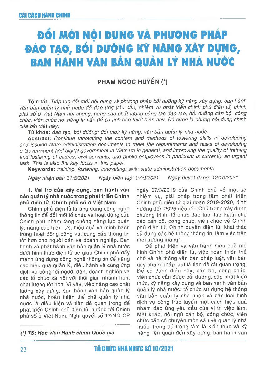 Đổi mới nội dung và phương pháp đào tạo, bồi dưỡng kỹ năng xây dựng, ban hành văn bản quản lý nhà nước