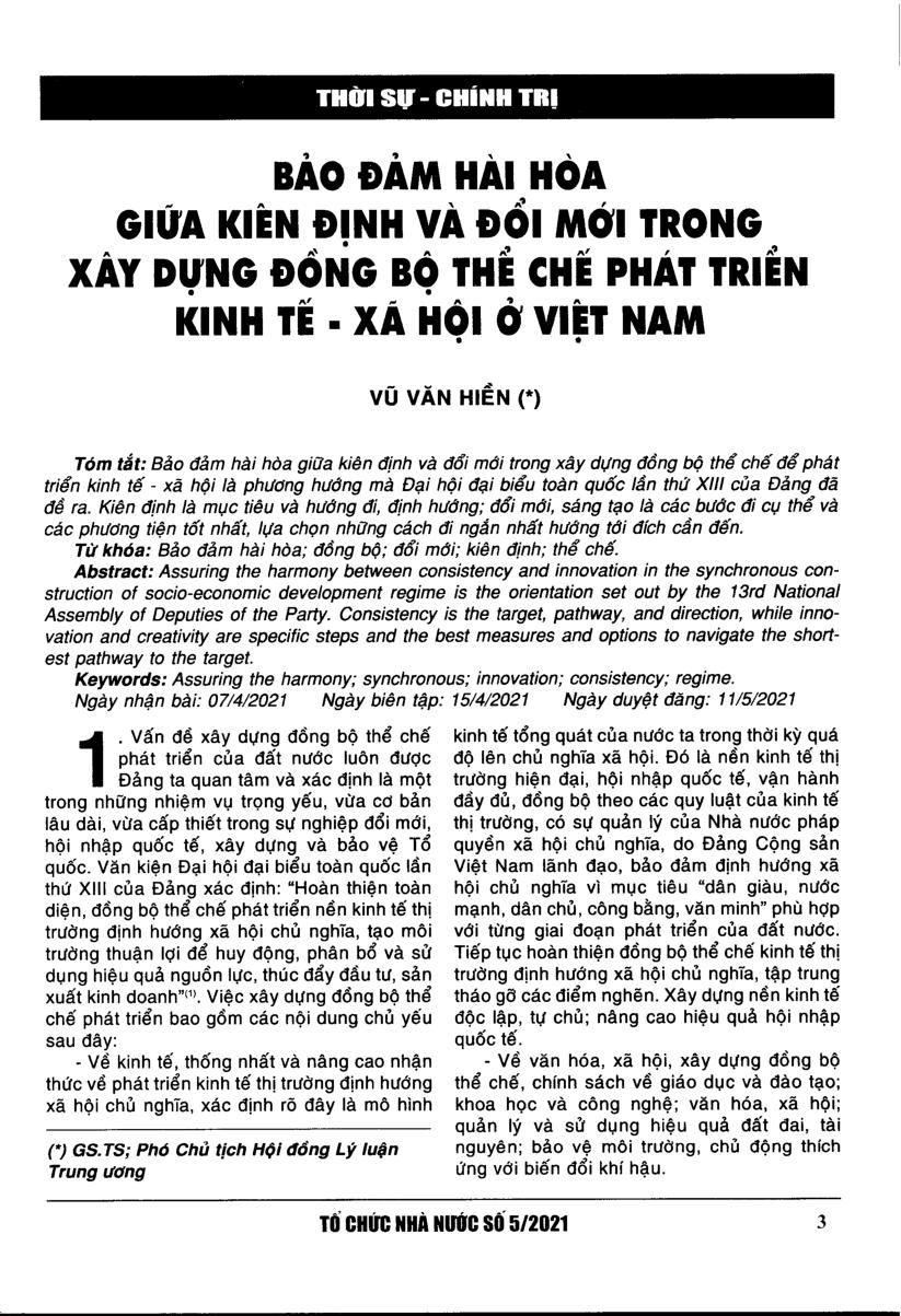Bảo đảm hài hòa giữa kiên định và đổi mới trong xây dựng đồng bộ thể chế phát triển kinh tế - xã hội ở Việt Nam