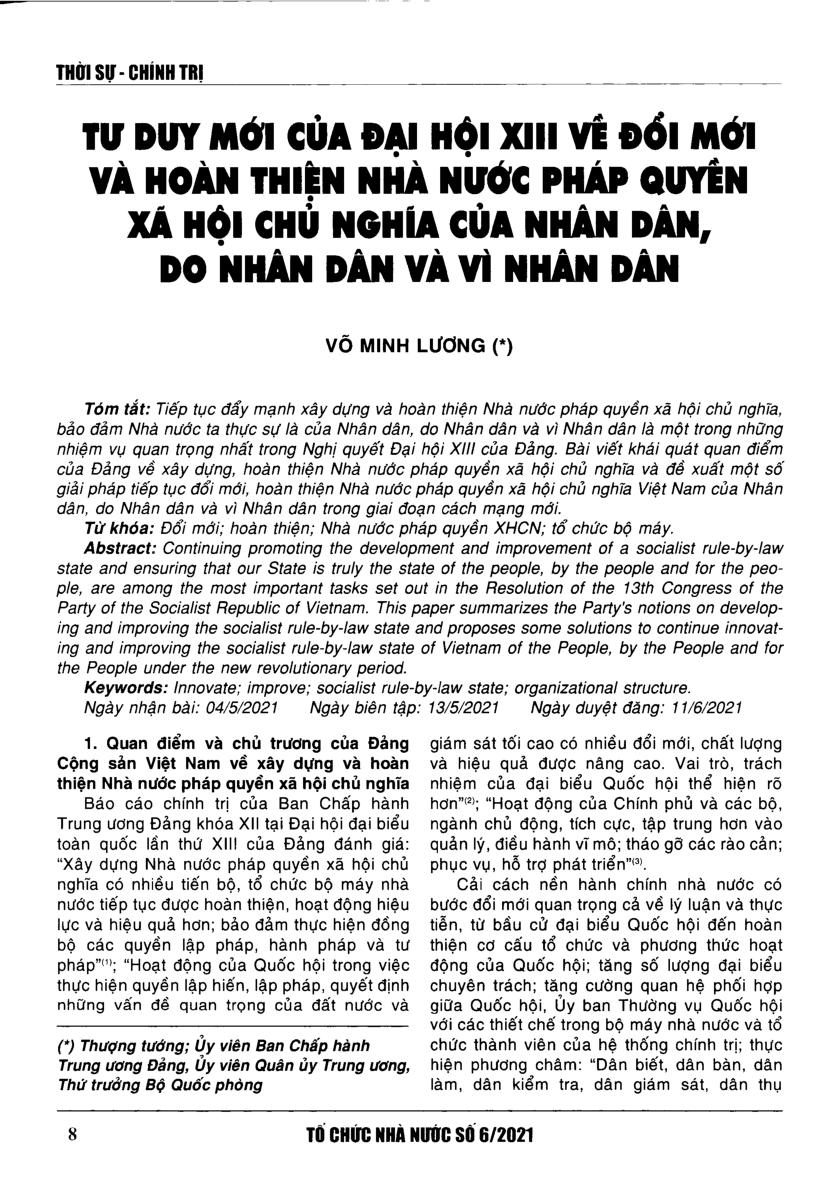 Tư duy mới của Đại hội XIII về đổi mới và hoàn thiện Nhà nước pháp quyền xã hội chủ nghĩa của nhân dân, do nhân dân và vì nhân dân