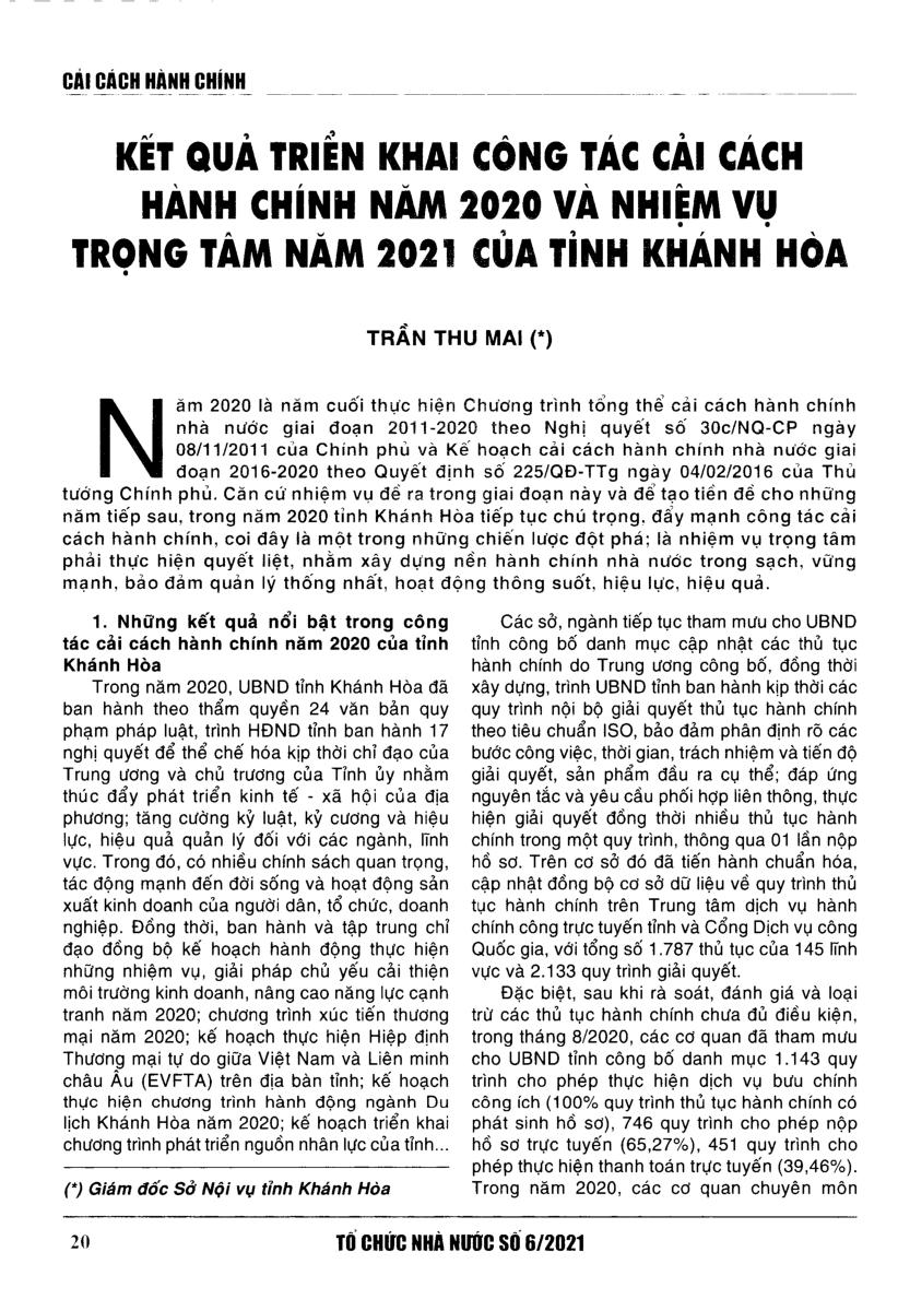 Kết quả triển khai công tác cải cách hành chính năm 2020 và nhiệm vụ trọng tâm năm 2021 của tỉnh Khánh Hòa