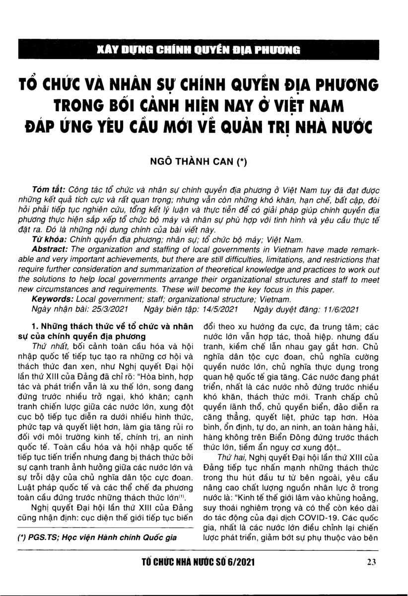 Tổ chức và nhân sự chính quyền địa phương trong bối cảnh hiện nay ở việt nam đáp ứng yêu câu nói về quản trị nhà nước