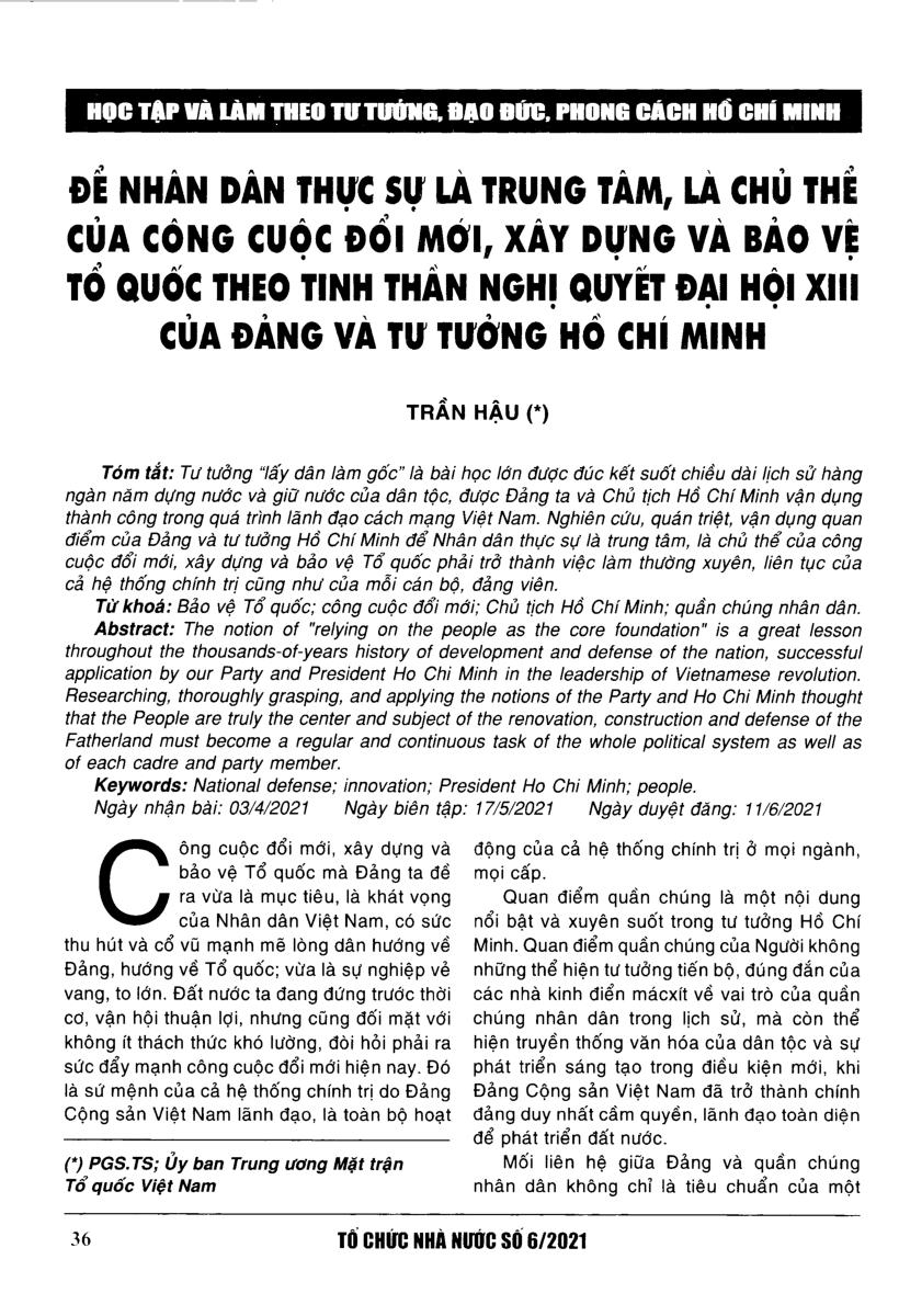 Để nhân dân thực sự là trung tâm, là chủ thể của công cuộc đổi mới, xây dựng và bảo vệ tổ quốc theo tinh thần nghị quyết Đại hội XIII của Đảng và tư tưởng Hồ Chí Minh