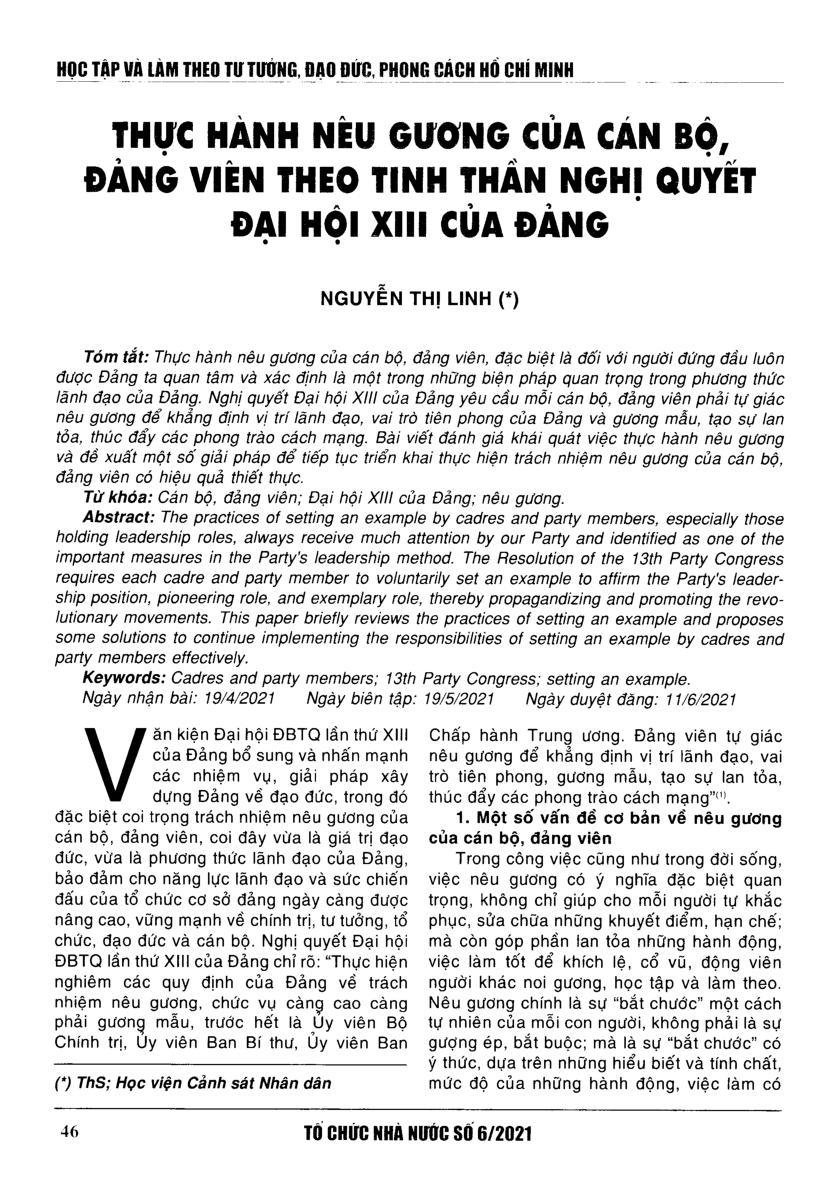 Thực hành nêu gương của cán bộ, đảng viên theo tinh thần nghị quyết Đại hội XIII của Đảng