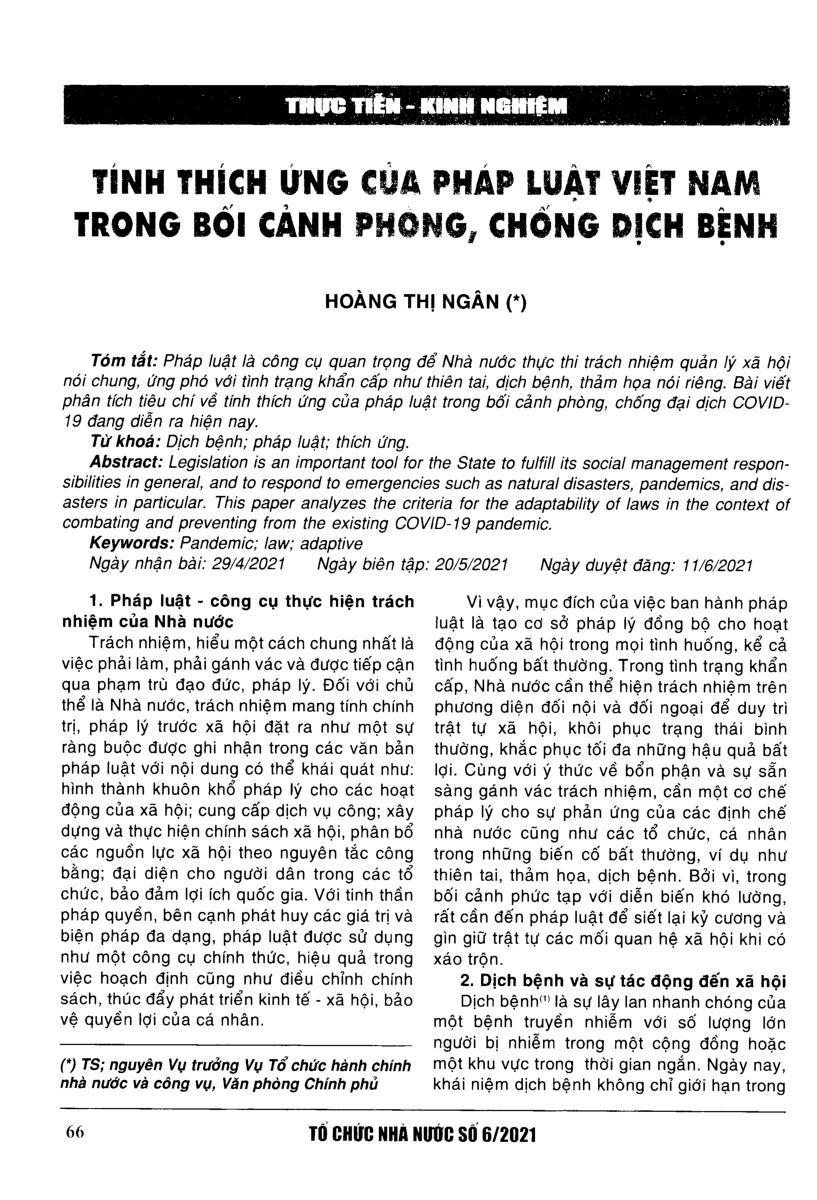 Tính thích ứng của pháp luật Việt Nam trong bối cảnh phòng, chống dịch bệnh