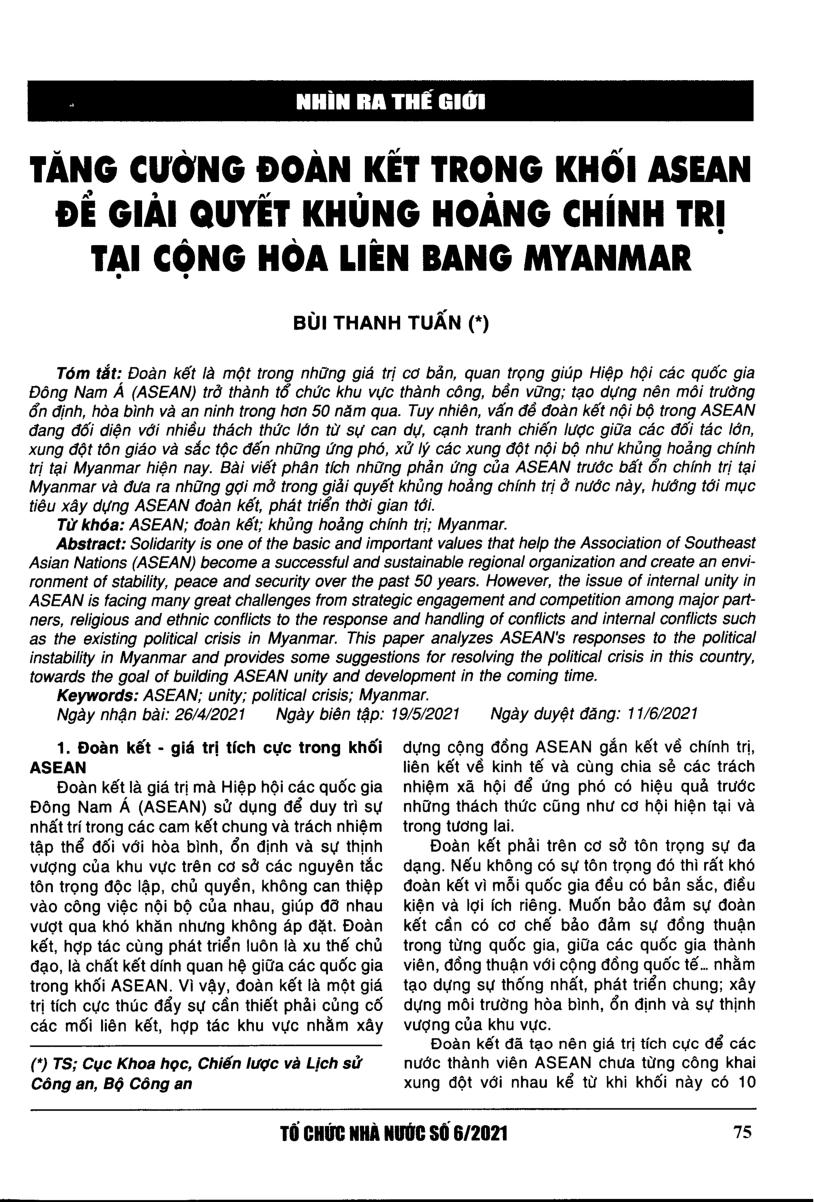 Tăng cường đoàn kết trong khối ASAN đề giải quyết khủng hoảng chính trị tại cộng hòa liên bang Myanmar