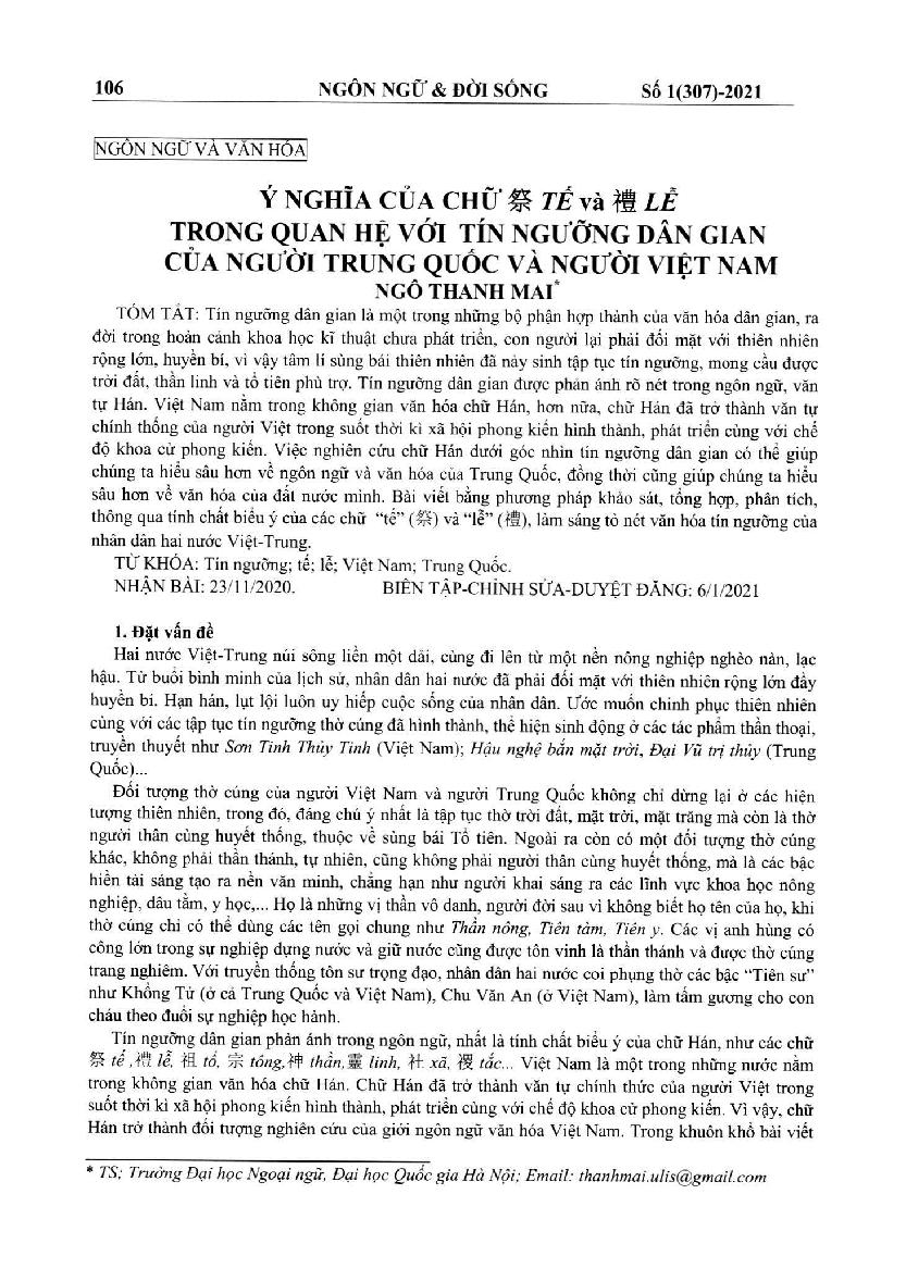Ý nghĩa của chữ Tế và Lễ trong quan hệ với tín ngưỡng dân gian của người Trung Quốc và người Việt Nam