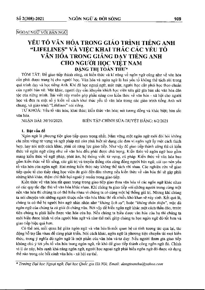 Yếu tố văn hóa trong giáo trình tiếng Anh “Lifelines” và việc khai thác các yếu tố văn hóa trong giảng dạy tiếng anh cho người học Việt Nam