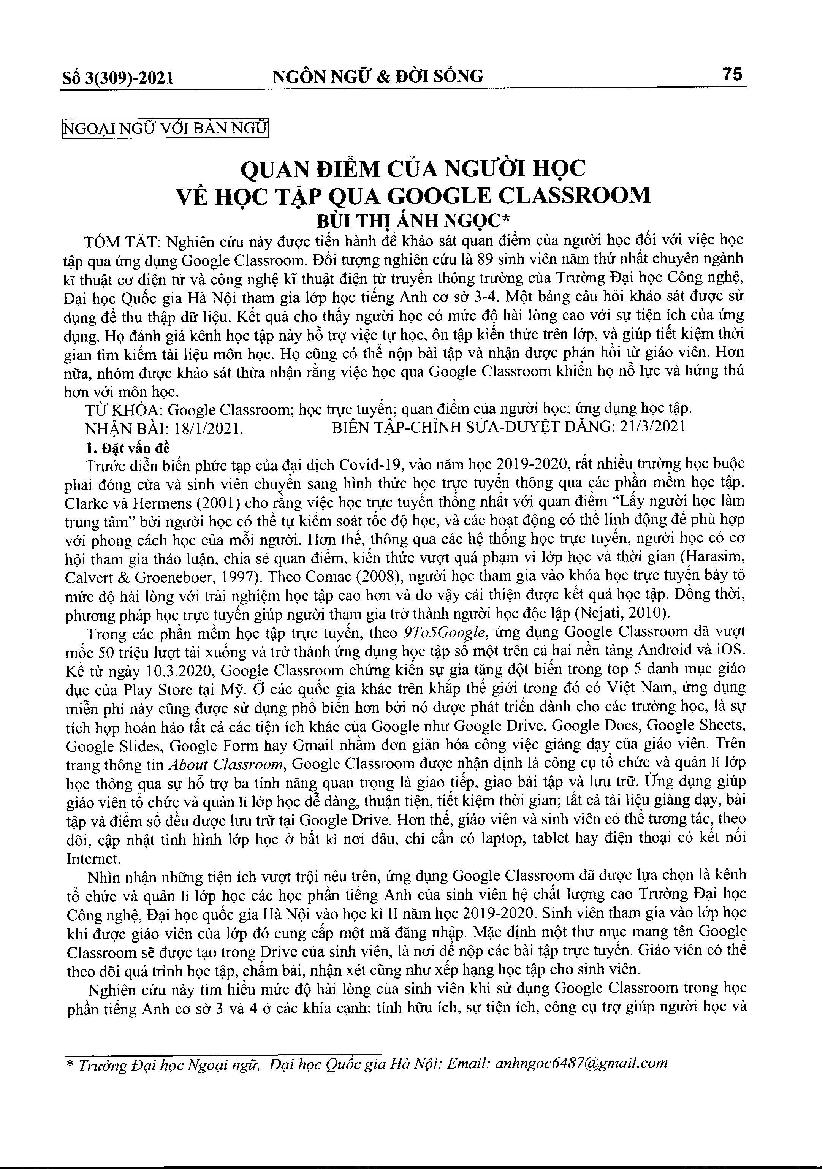 Quan điểm của người học về học tập qua google classroom