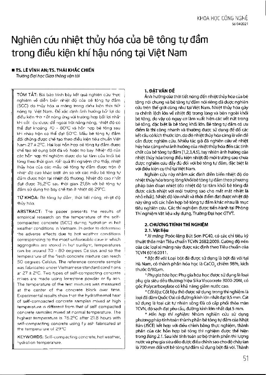 Nghiên cứu nhiệt thủy hóa của bê tông tự đầm trong điều kiện khí hậu nóng tại Việt Nam