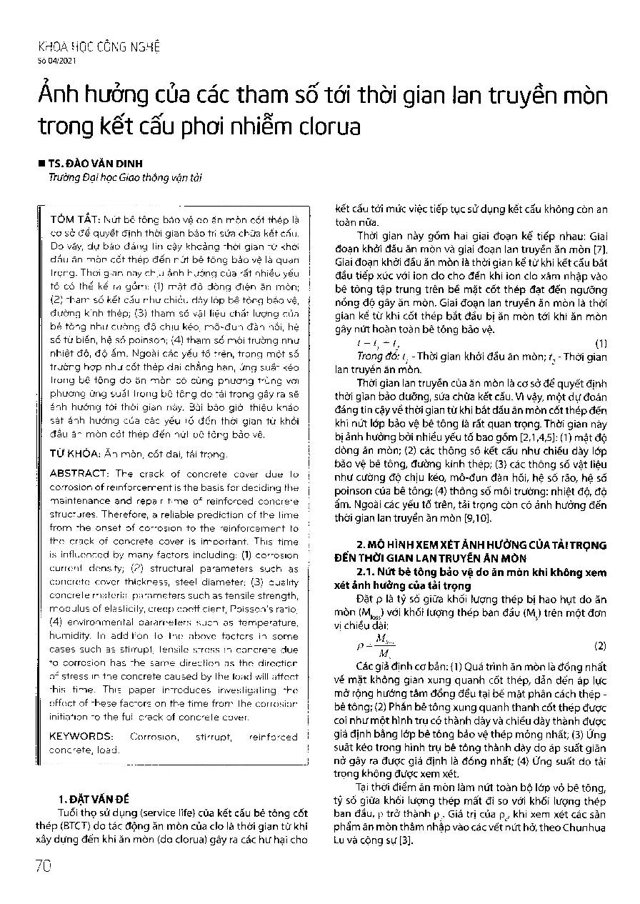 Ảnh hưởng của các tham số tới thời gian lan truyền mòn trong kết cấu phơi nhiễm clorua