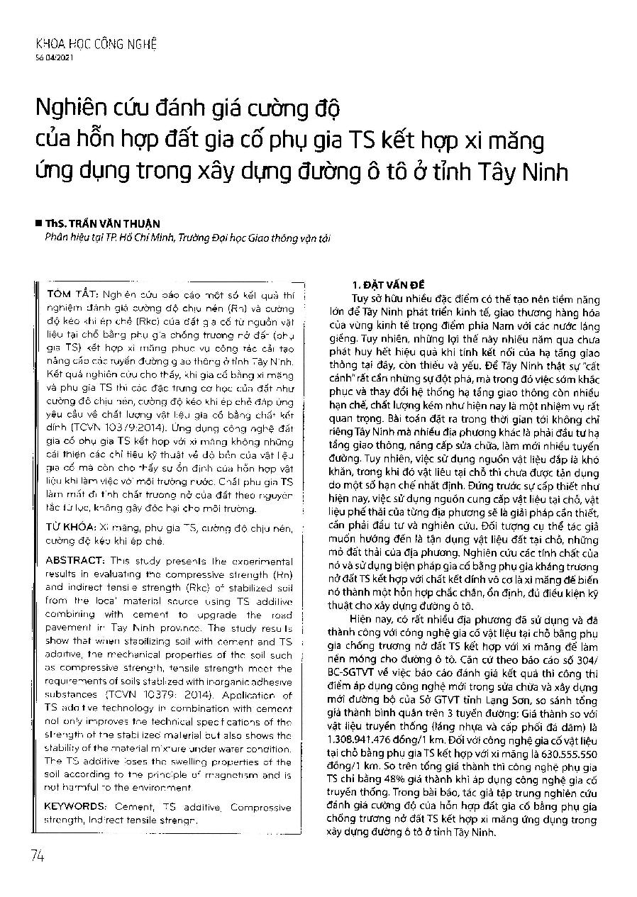 Nghiên cứu đánh giá cường độ của hỗn hợp đất gia cố phụ gia TS kết hợp xi măng ứng dụng trong xây dựng đường ô tô ở tỉnh Tây Ninh