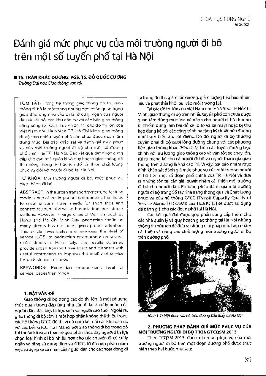 Đánh giá mức phục vụ của môi trường người đi bộ trên một số tuyến phố tại Hà Nội