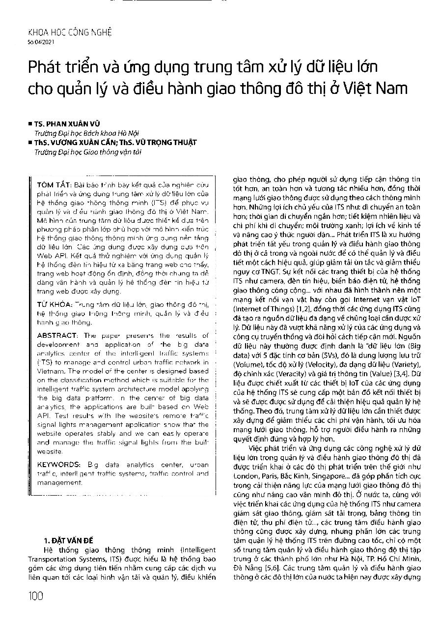 Phát triển và ứng dụng trung tâm xử lý dữ liệu lớn cho quản lý và điều hành giao thông đô thị ở Việt Nam