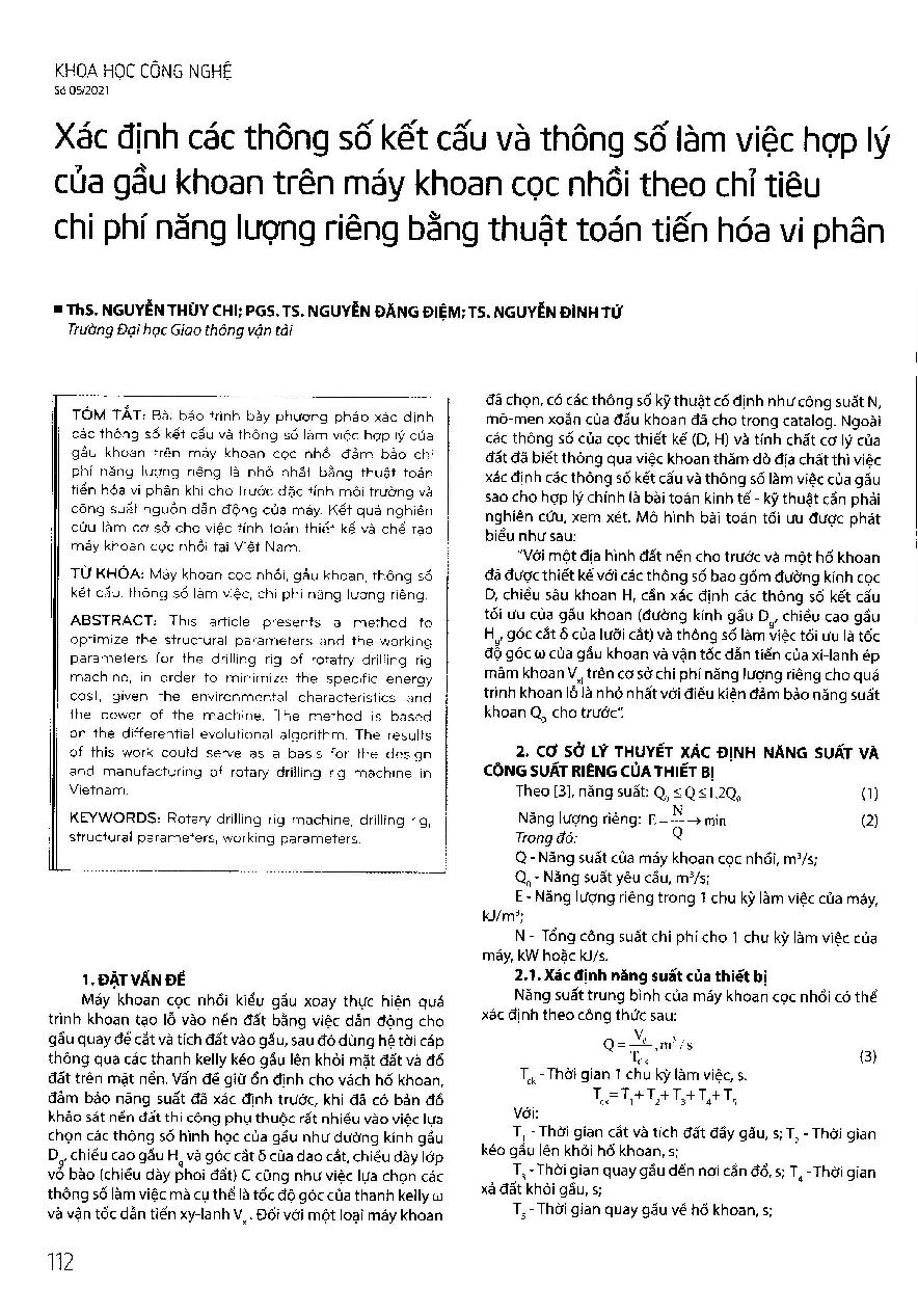 Xác định các thông số kết cấu và thông số làm việc hợp lý của gầu khoan trên máy khoan cọc nhồi theo chỉ tiêu chi phí năng lượng riêng bằng thuật toán tiến hóa vi phân