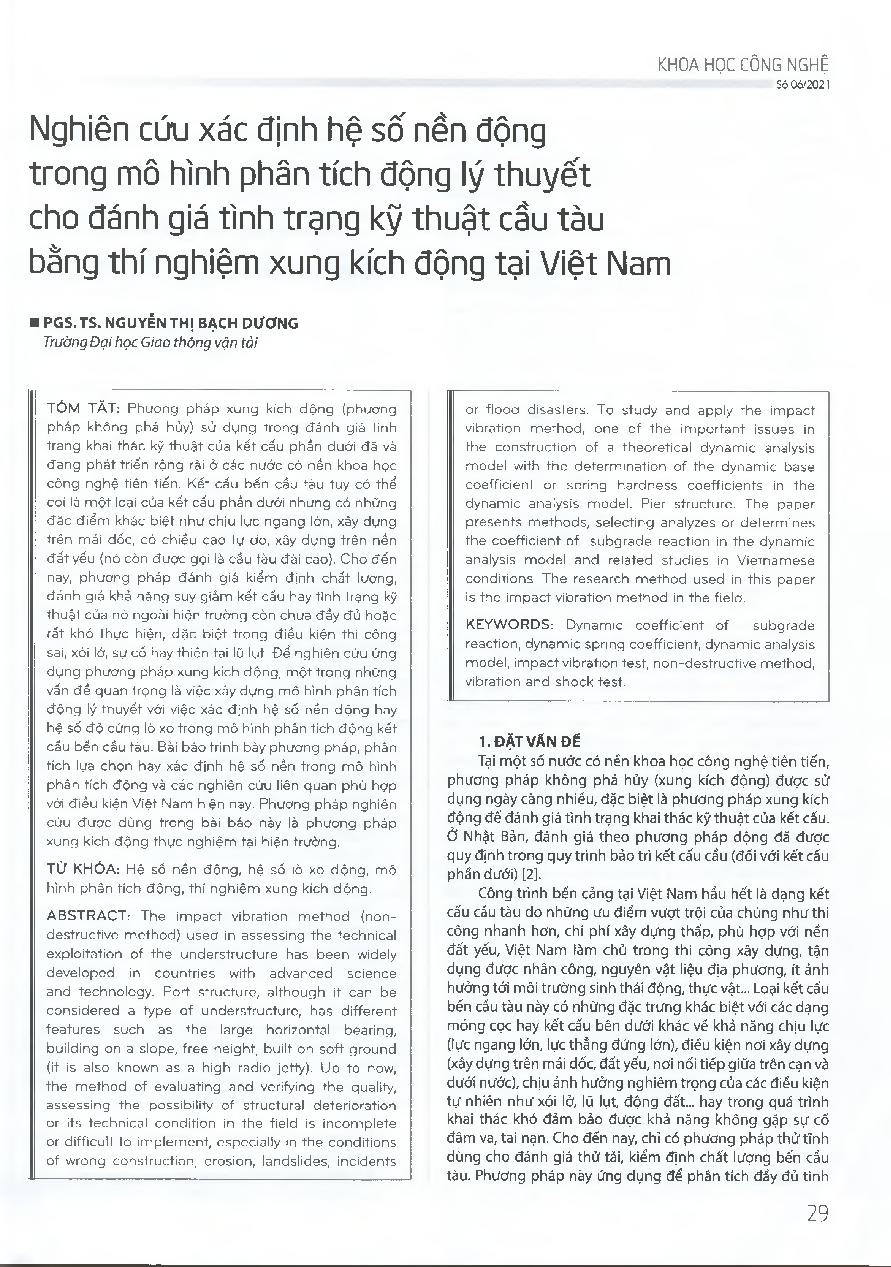 Nghiên cứu xác định hệ số nền động trong mô hình phân tích động lý thuyết cho đánh giá tình trạng kỹ thuật cầu tàu bằng thí nghiệm xung kích động tại Việt Nam