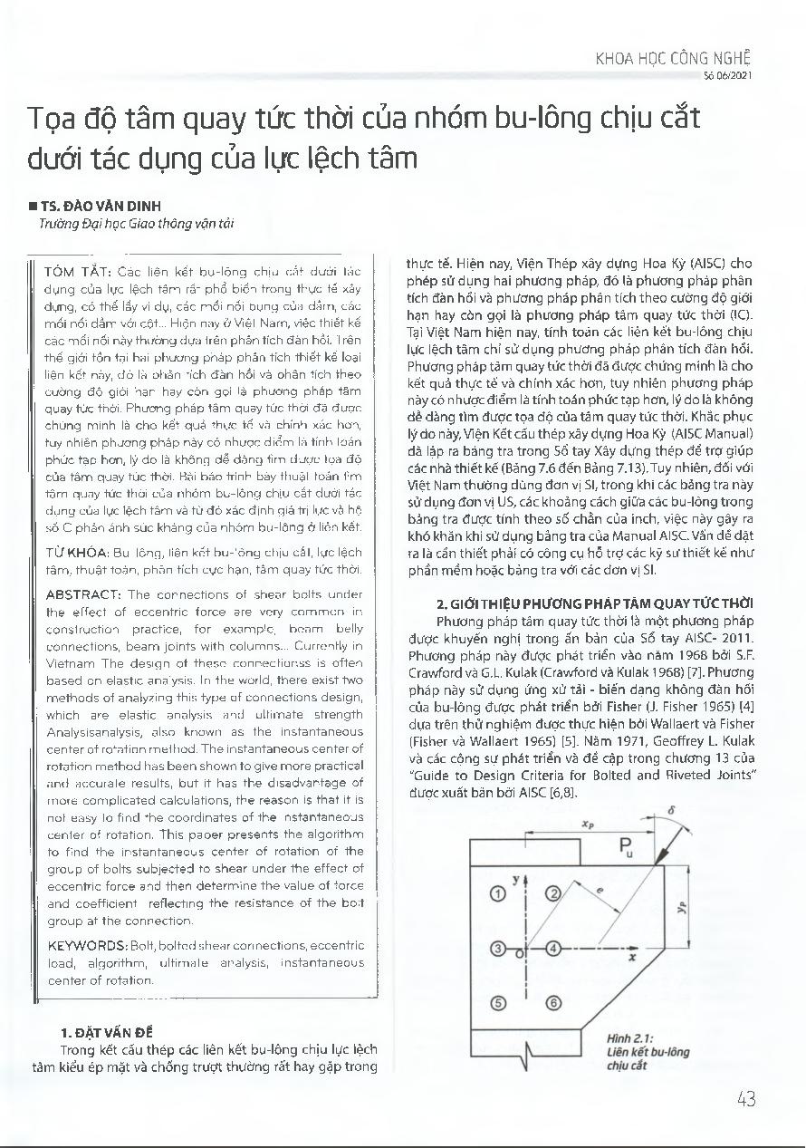 Tọa độ tâm quay tức thời của nhóm bu-lông chịu cắt dưới tác dụng của lực lệch tâm