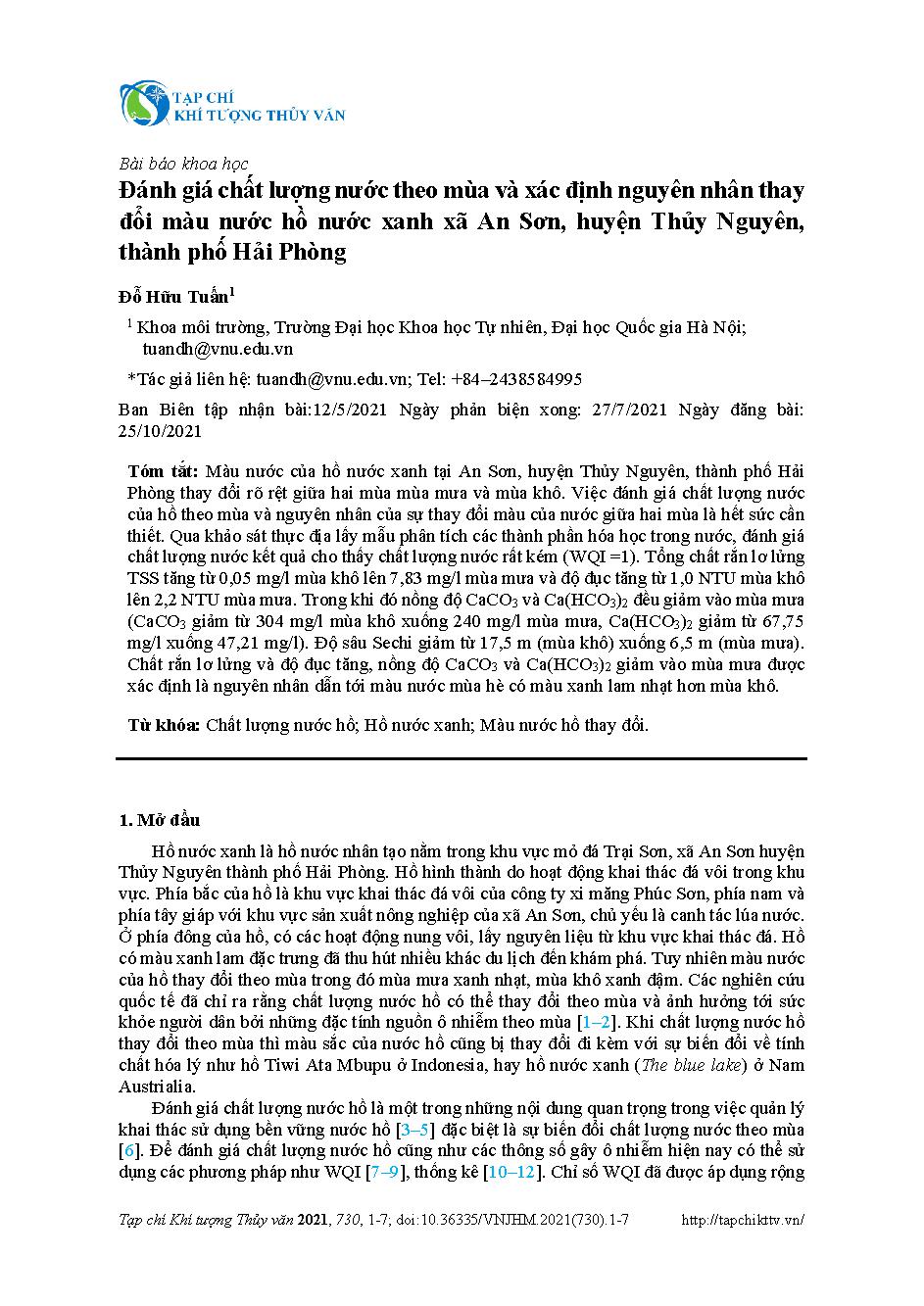 Đánh giá chất lượng nước theo mùa và xác định nguyên nhân thay đổi màu nước hồ nước xanh xã An Sơn, huyện Thủy Nguyên, thành phố Hải Phòng