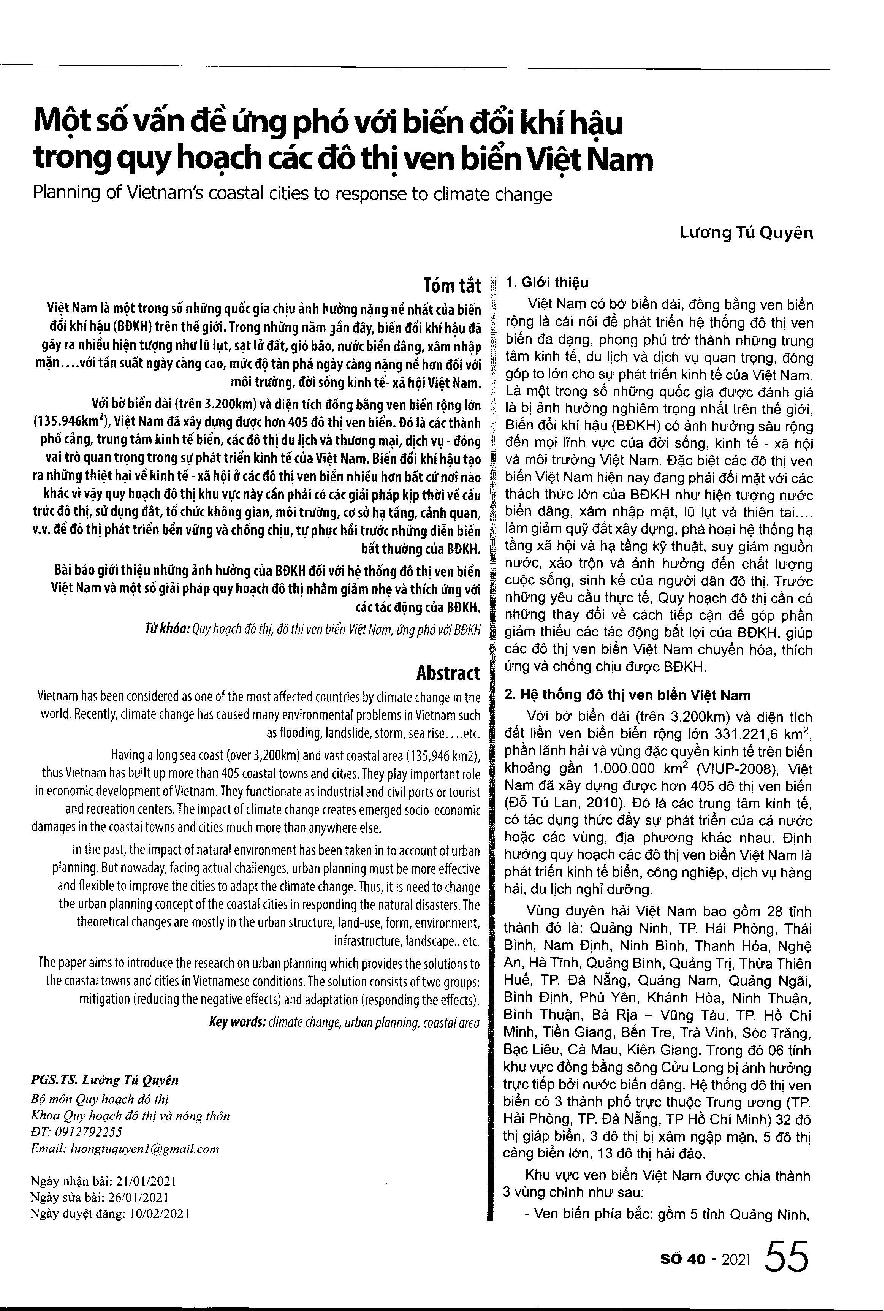 Một số vấn đề ứng phó với biến đổi khí hậu trong quy hoạch các đô thị ven biển Việt Nam