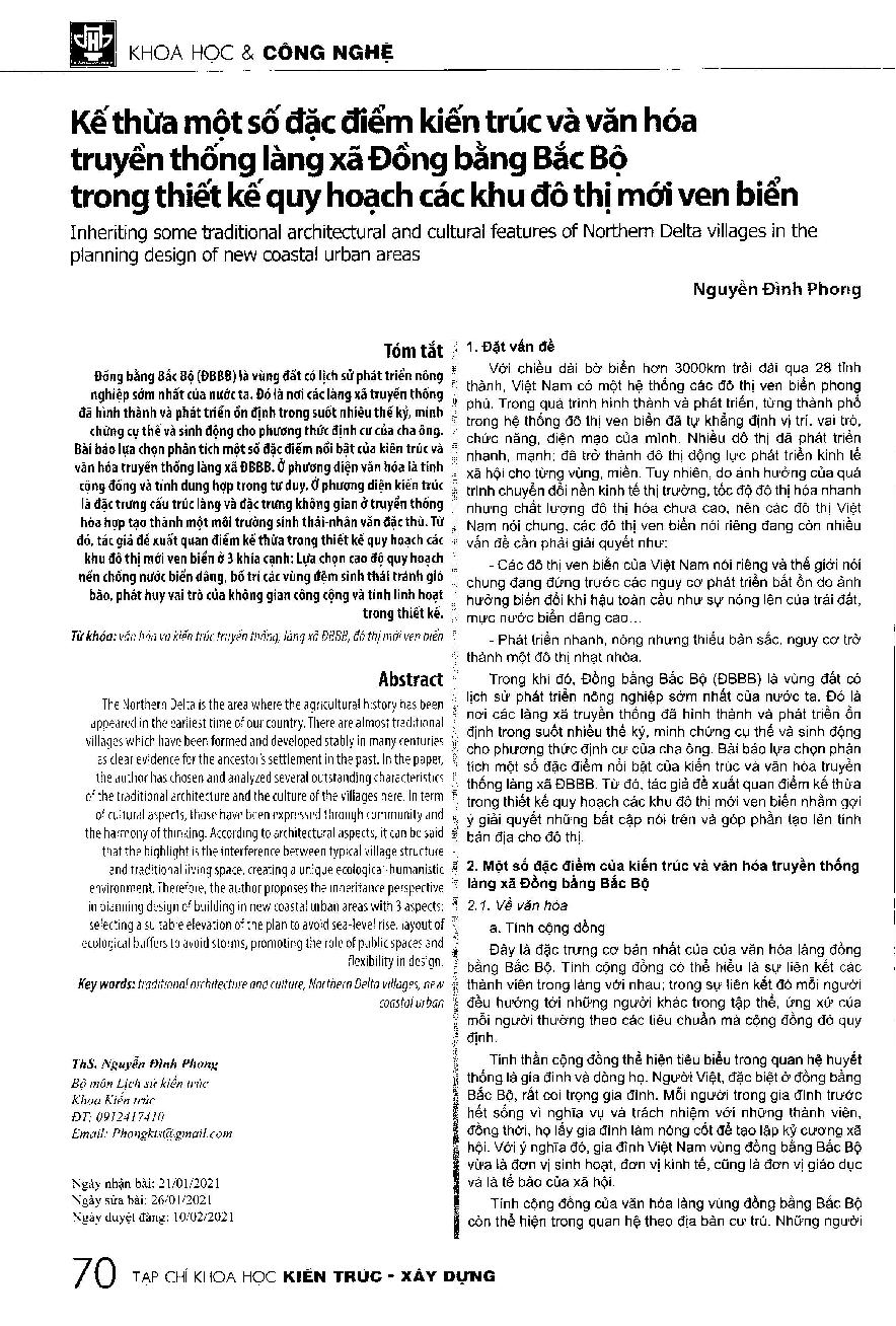 Kế thừa một số đặc điểm kiến trúc và văn hóa truyền thống làng xã Đồng bằng Bắc Bộ trong thiết kế quy hoạch các khu đô thị mới ven biển