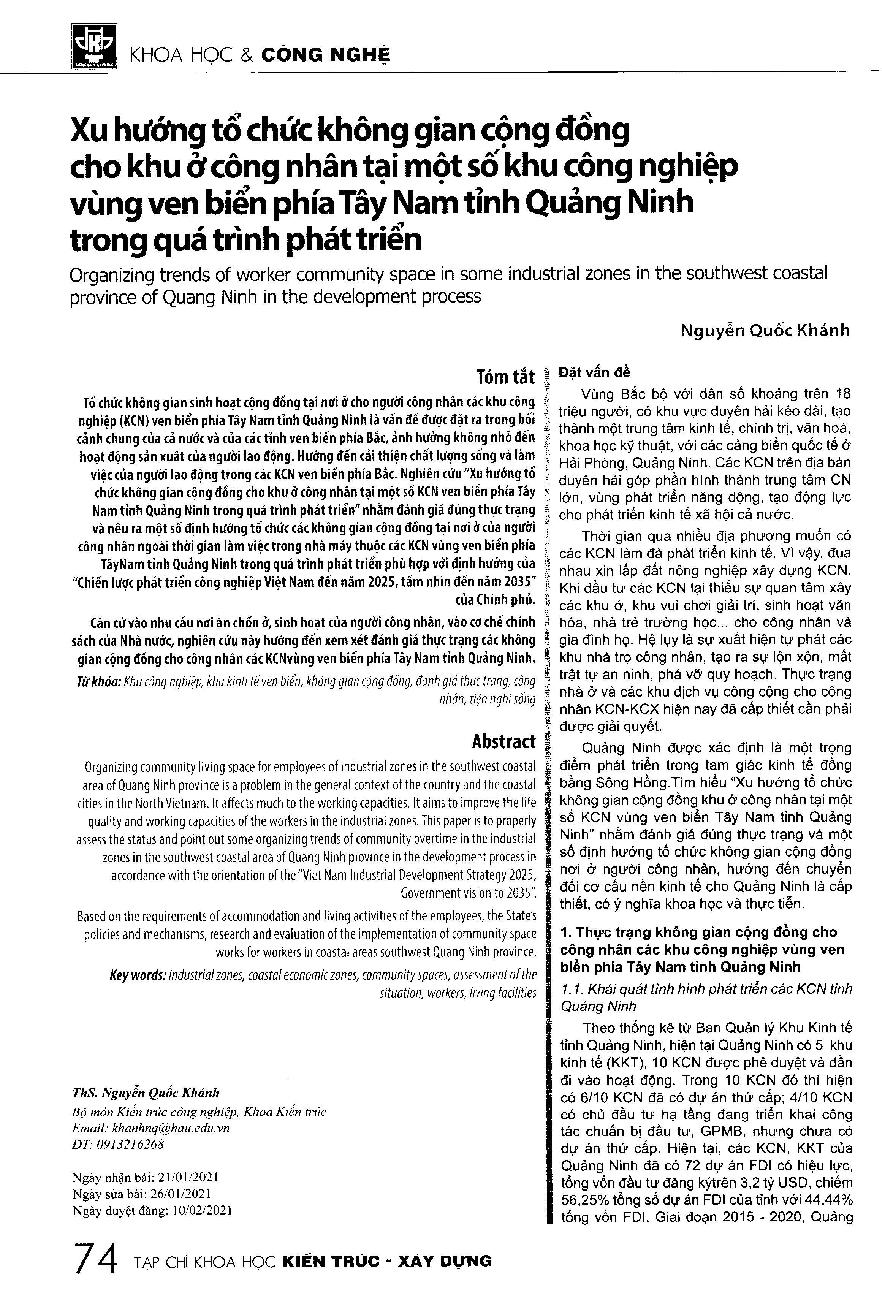 Xu hướng tổ chức không gian cộng đồng cho khu ở công nhân tại một số khu công nghiệp vùng ven biển phía Tây Nam tỉnh Quảng Ninh trong quá trình phát triển