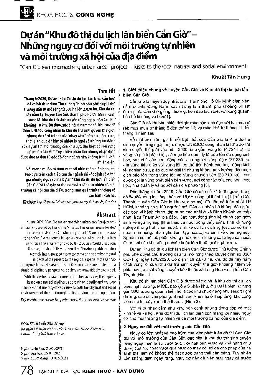 Dự án"Khu đô thị du lịch lấn biển Cần Giờ" - Những nguy cơ đối với môi trường tự nhiên và môi trường xã hội của địa điểm