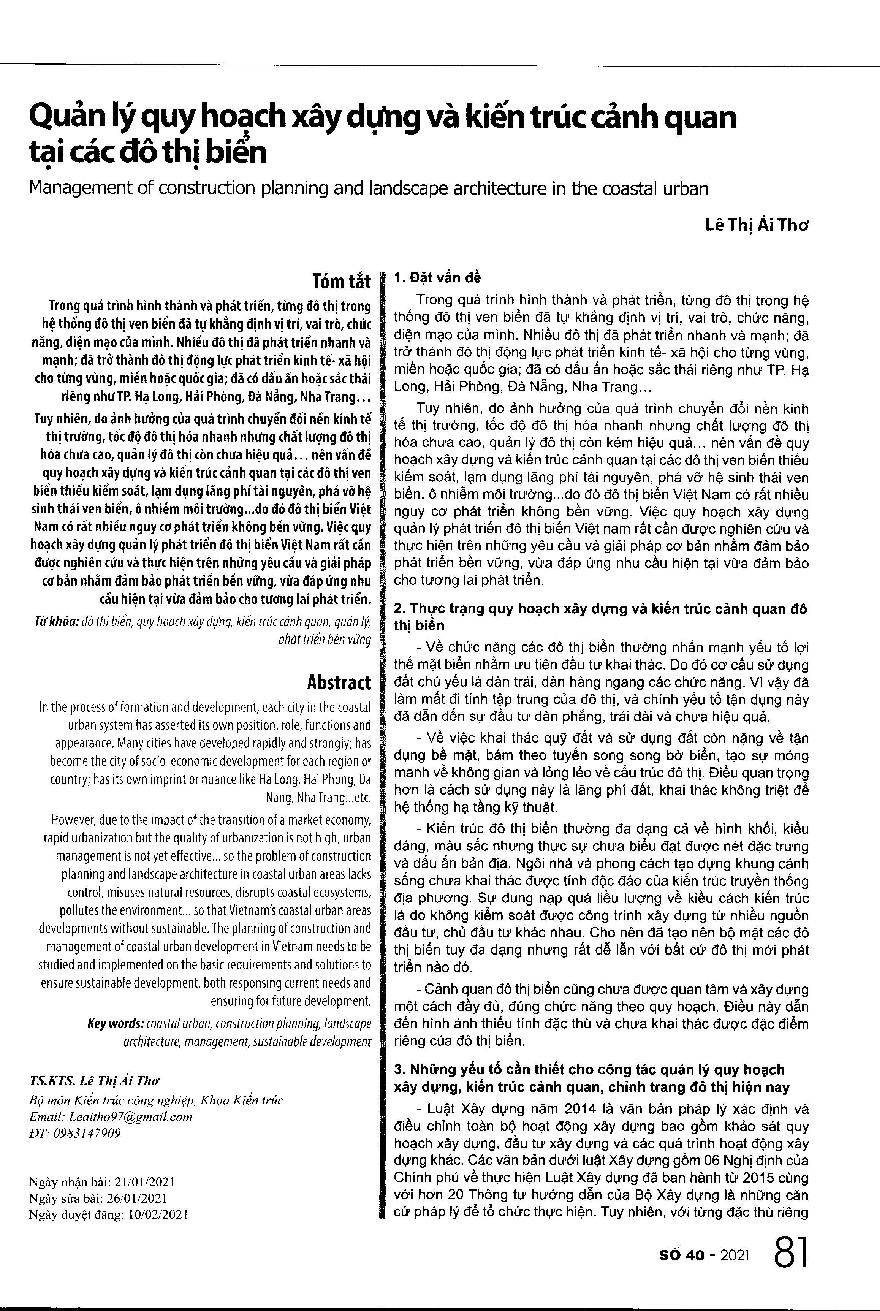 Quản lý quy hoạch xây dựng và kiến trúc cảnh quan tại các đô thị biển