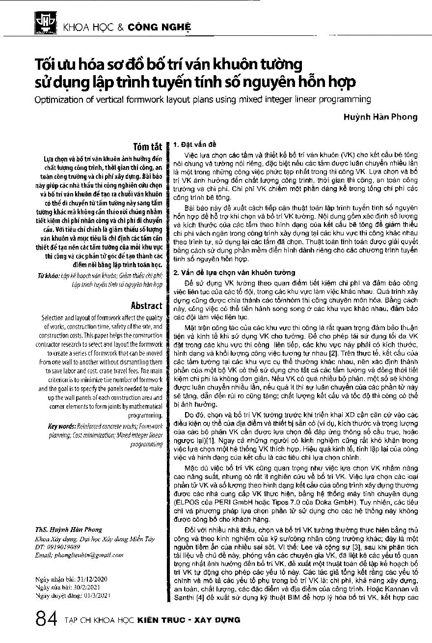 Tối ưu hóa sơ đồ bố trí ván khuôn tường sử dụng lập trình tuyến tính số nguyên hỗn hợp