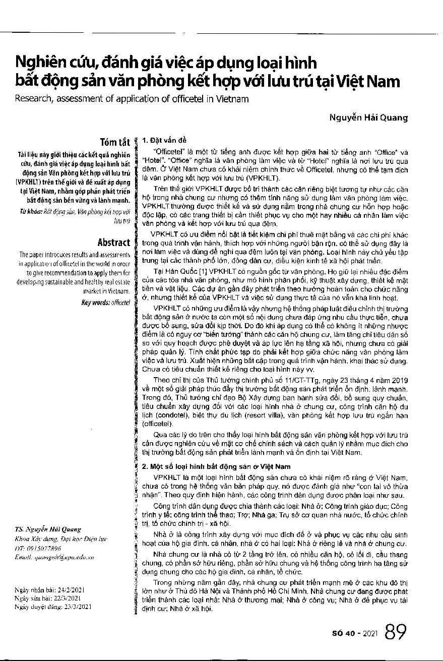 Nghiên cứu, đánh giá việc áp dụng loại hình bất động sản văn phòng kết hợp với lưu trú tại Việt Nam