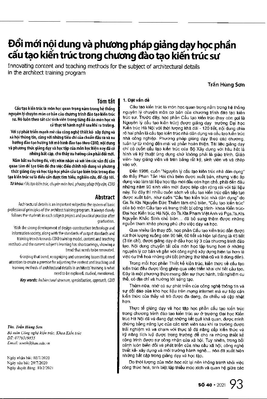 Đổi mới nội dung và phương pháp giảng dạy học phần cấu tạo kiến trúc trong chương đào tạo kiến trúc sư