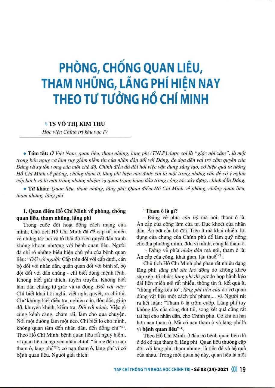 Phòng, chống quan liêu, tham nhũng, lãng phí hiện nay theo tư tưởng Hồ Chí Minh