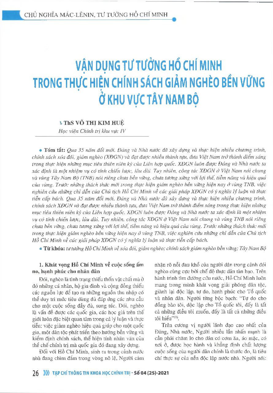 Vận dụng tư tưởng Hồ Chí Minh trong thực hiện chính sách giảm nghèo bền vững ở khu vực Tây Nam Bộ