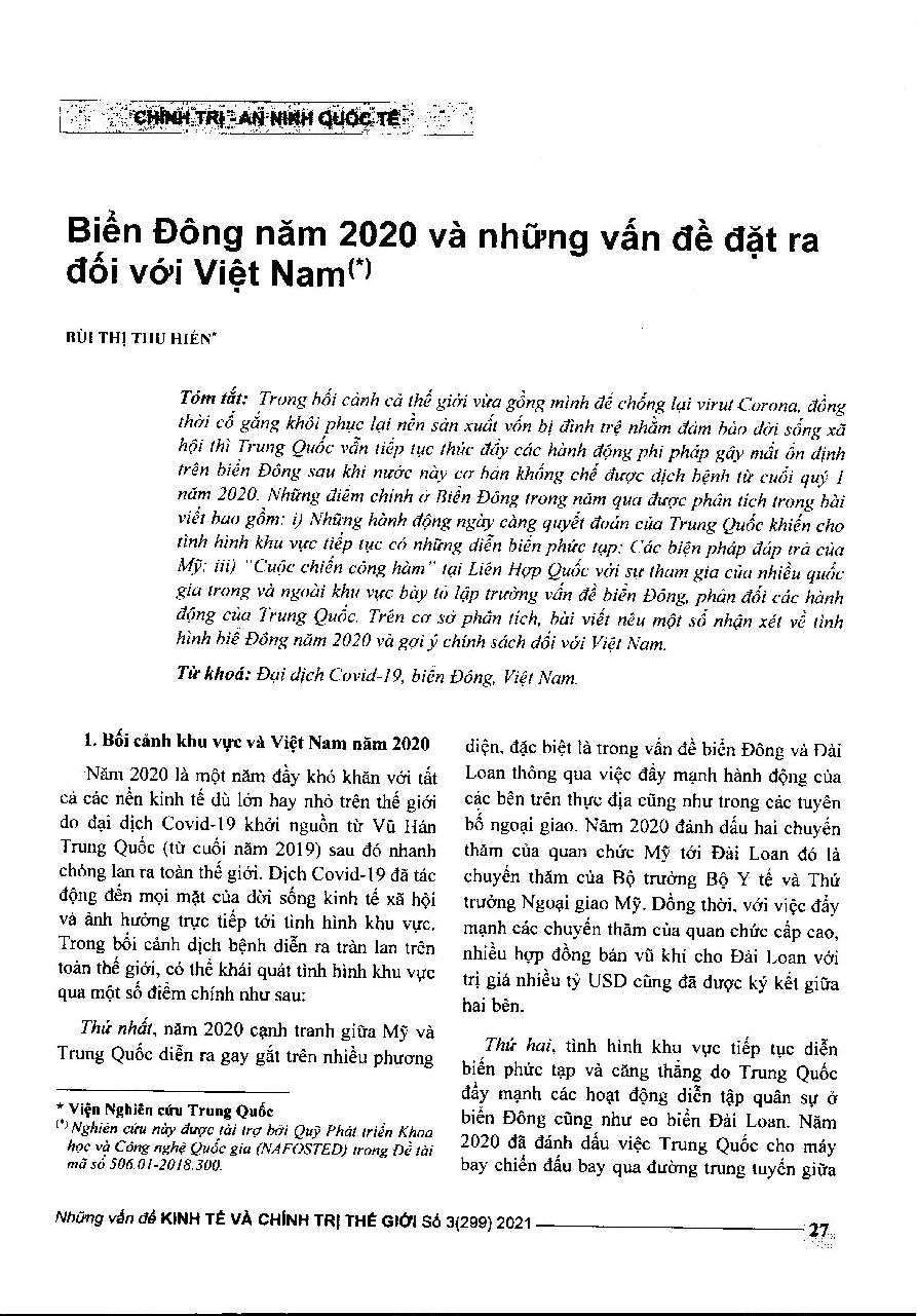 Biển Đông năm 2020 và những vấn đề đặt ra đối với Việt Nam