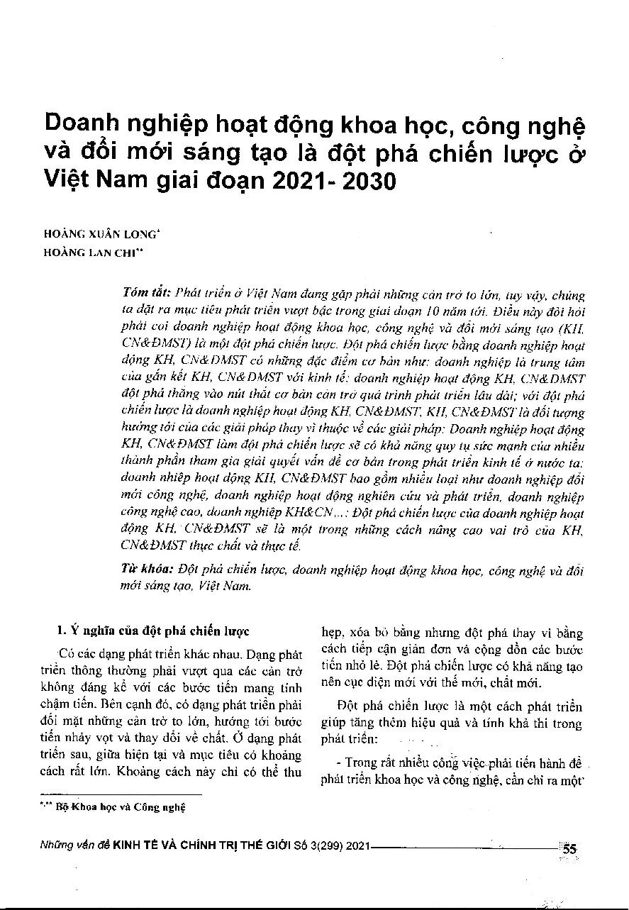 Doanh nghiệp hoạt động khoa học, công nghệ và đổi mới sáng tạo là đột phá chiến lược ở Việt Nam giai đoạn 2021- 2030