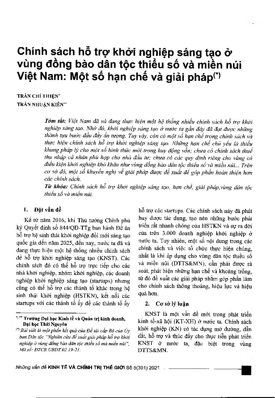 Chính sách hỗ trợ khởi nghiệp sáng tạo ở vùng đồng bào dân tộc thiểu số và miền núi Việt Nam: Một số hạn chế và giải pháp