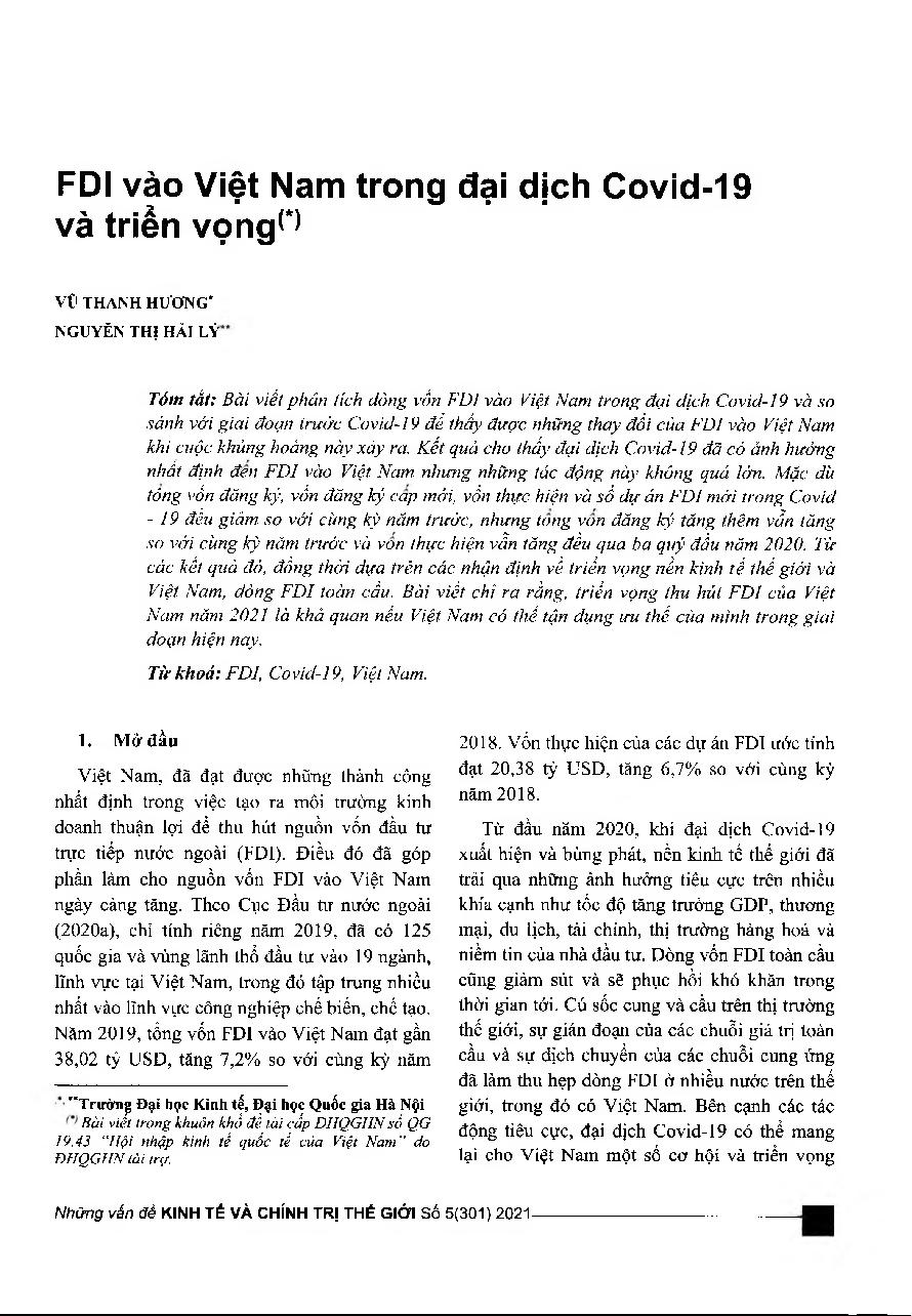 FDI vào Việt Nam trong đại dịch Covid-19 và triển vọng